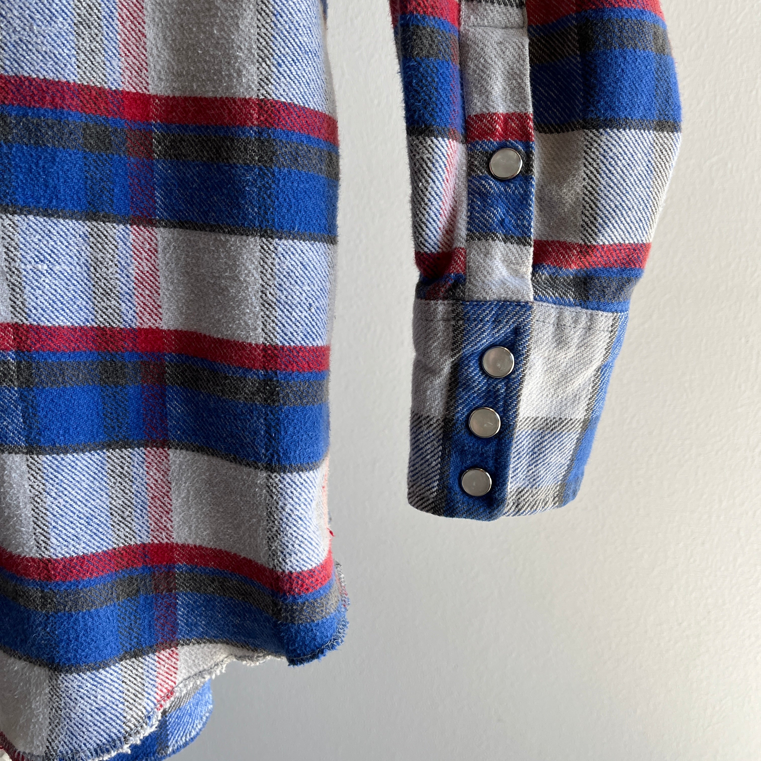 Flanelle Western Wrangler rouge, blanc et bleu des années 1990