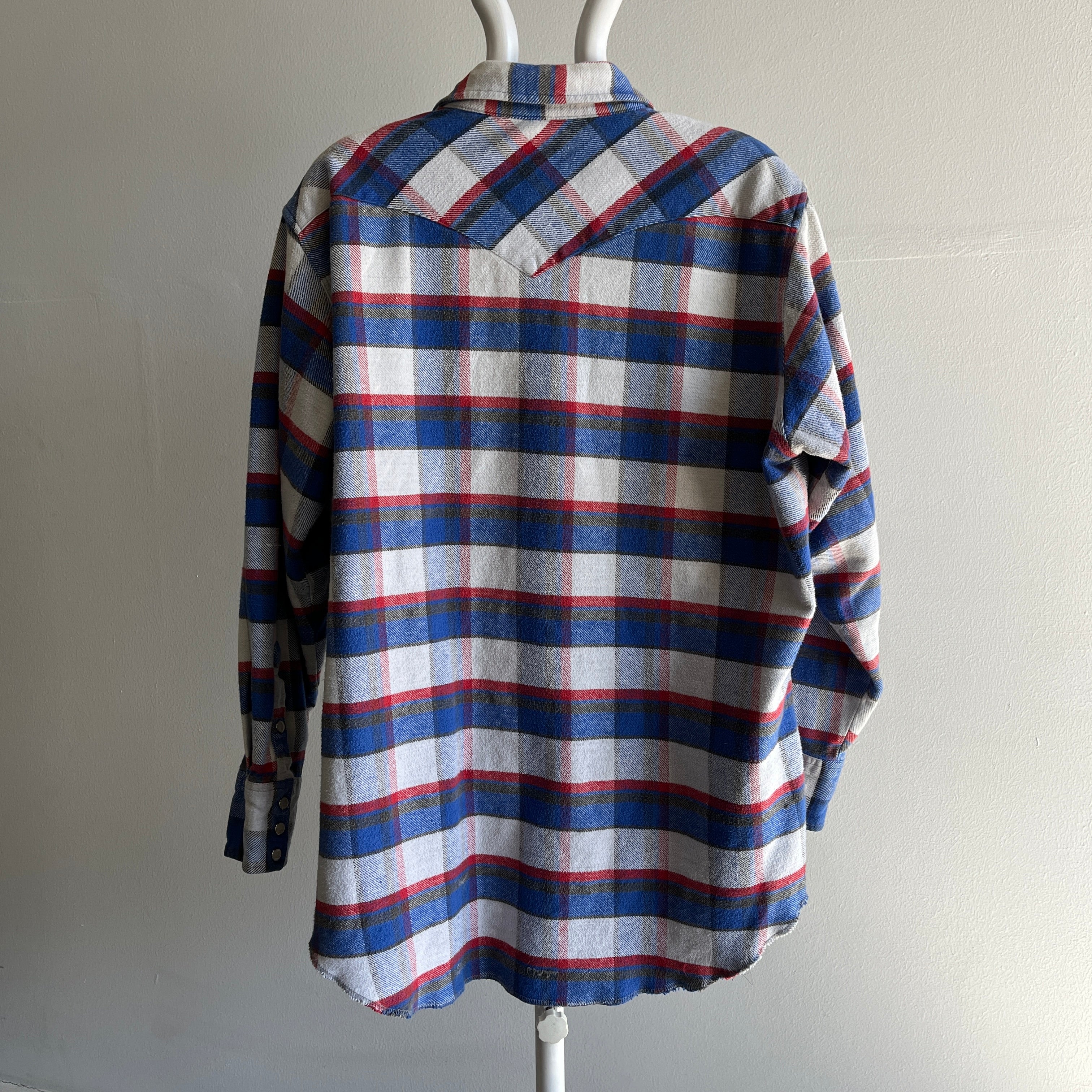 Flanelle Western Wrangler rouge, blanc et bleu des années 1990