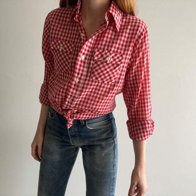 1970s Red and White Checkered Thin Buttoned Top by JC Penny