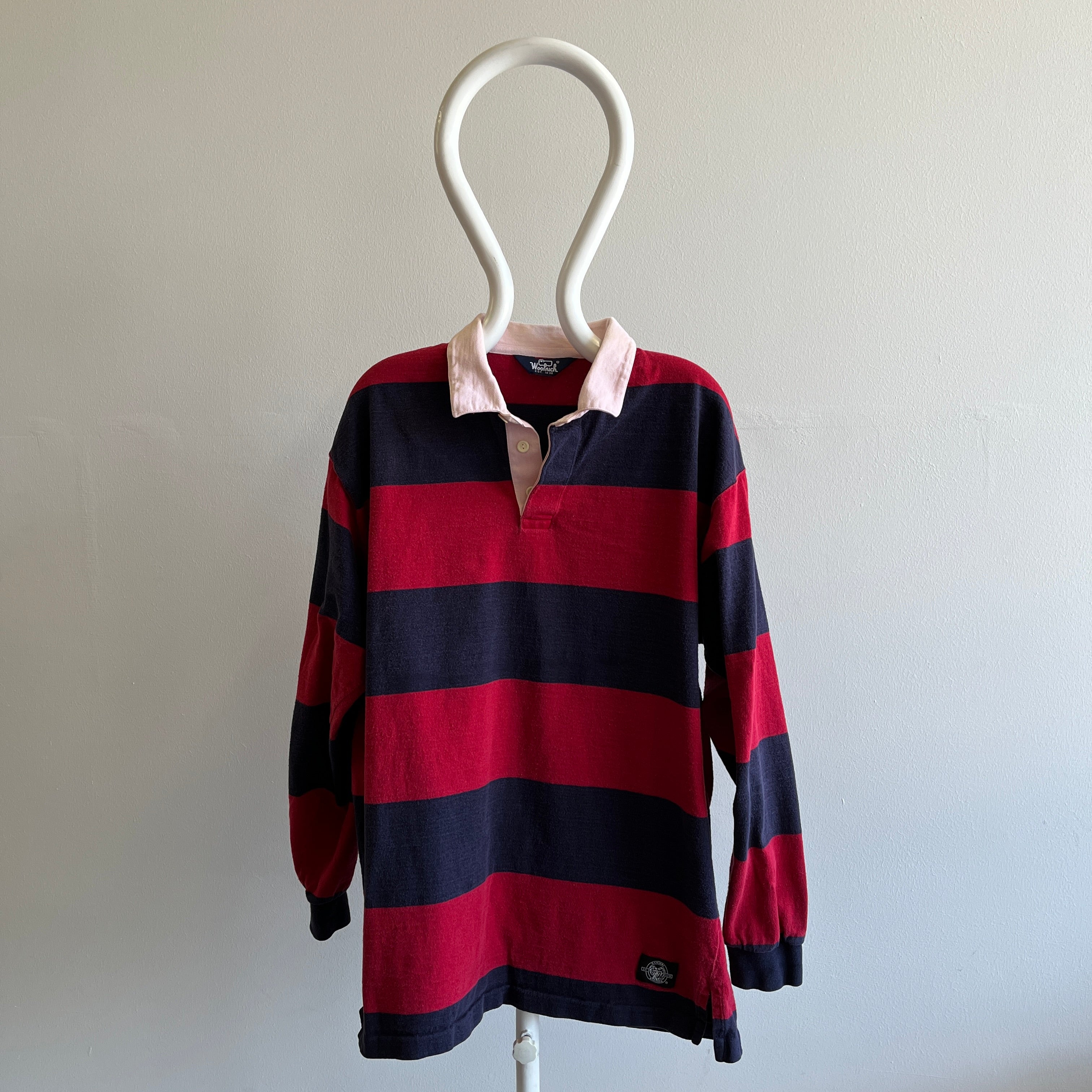 1990s Woolrich Navy and Red Striped Rugby Shirt