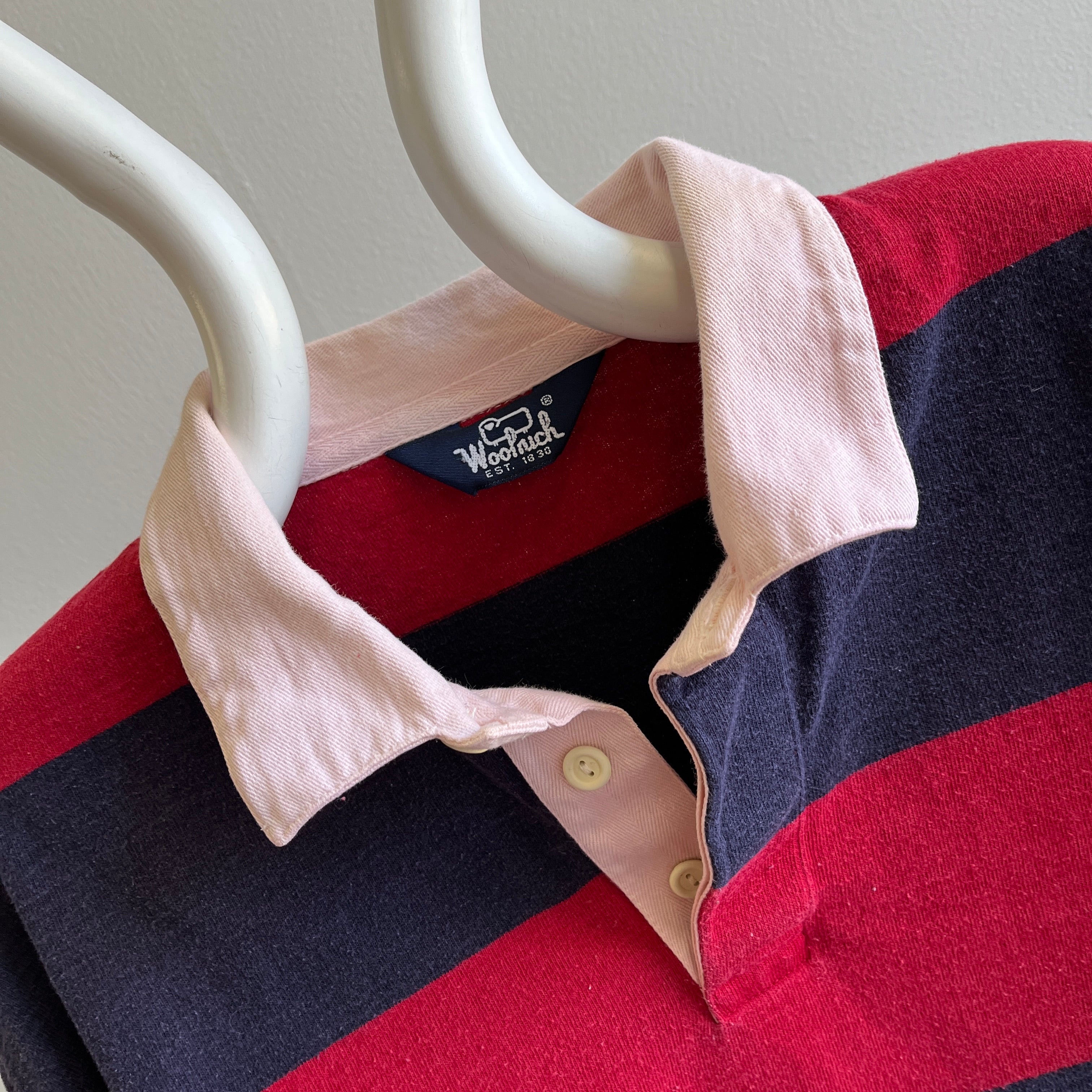 1990s Woolrich Navy and Red Striped Rugby Shirt