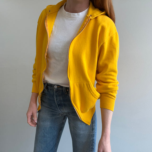 Sweat à capuche zippé jaune souci des années 1980 avec décoloration des plis