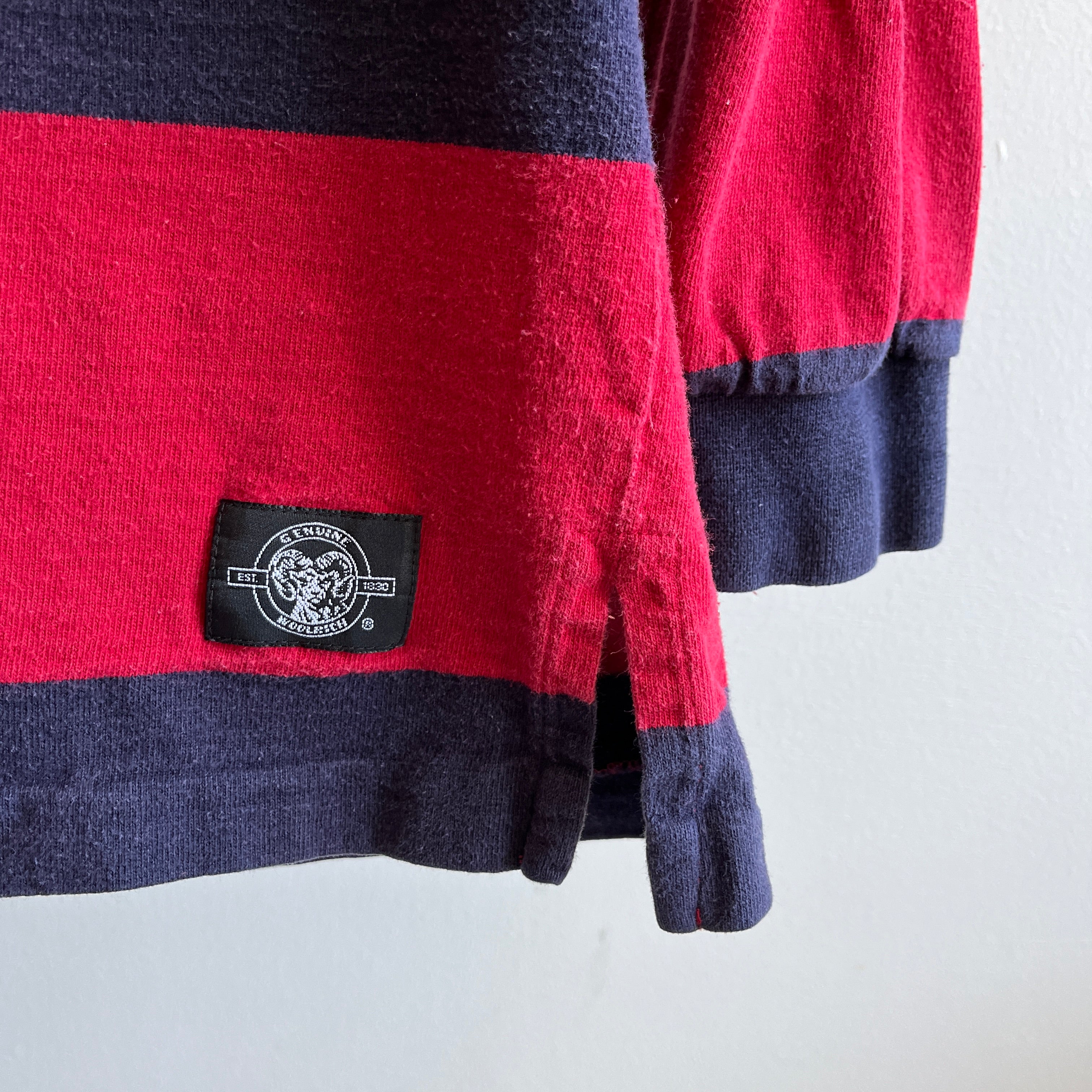 1990s Woolrich Navy and Red Striped Rugby Shirt