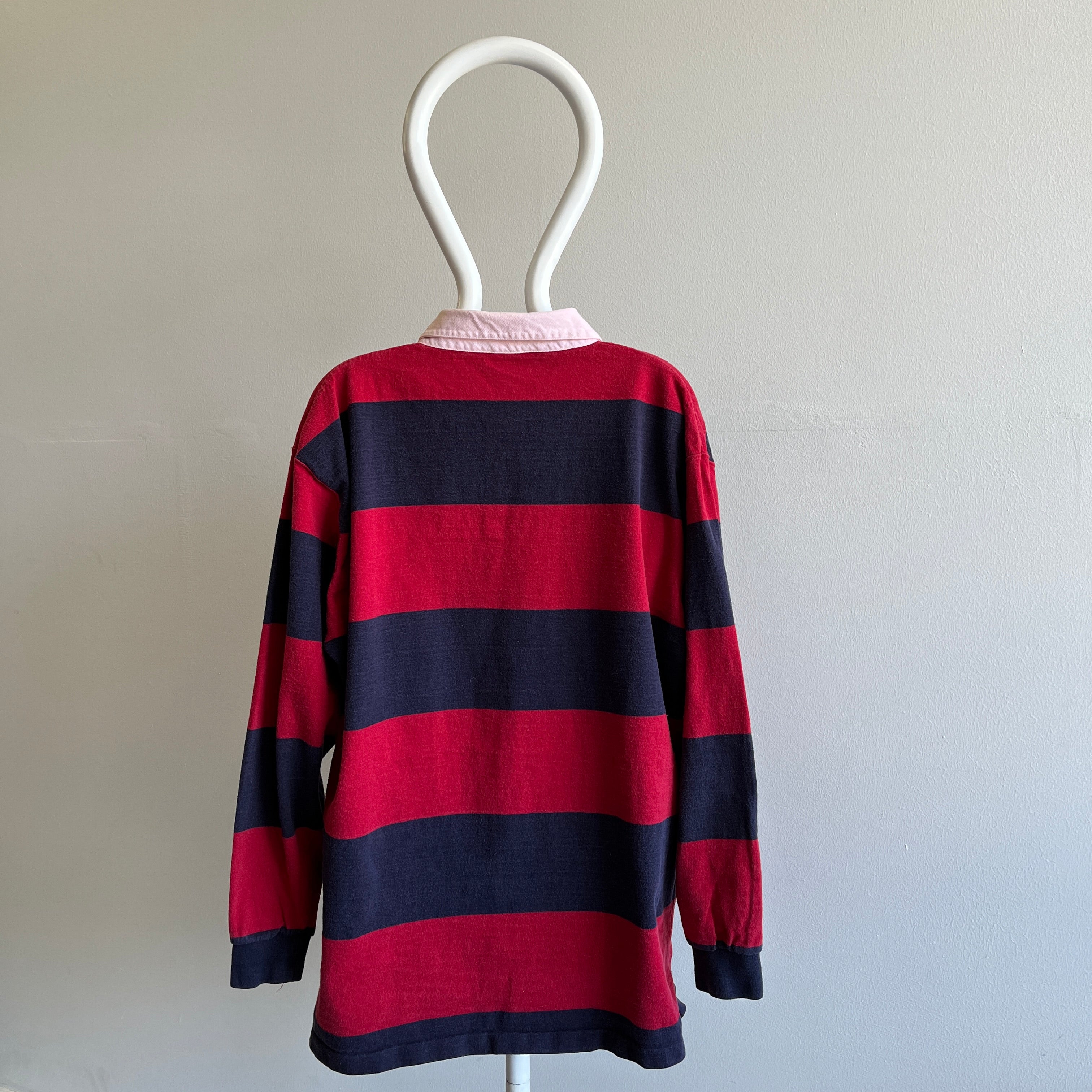 1990s Woolrich Navy and Red Striped Rugby Shirt