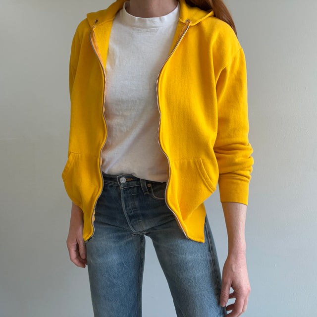 1980s Marigold Yellow Zip Up Hoodie With Fold Fading