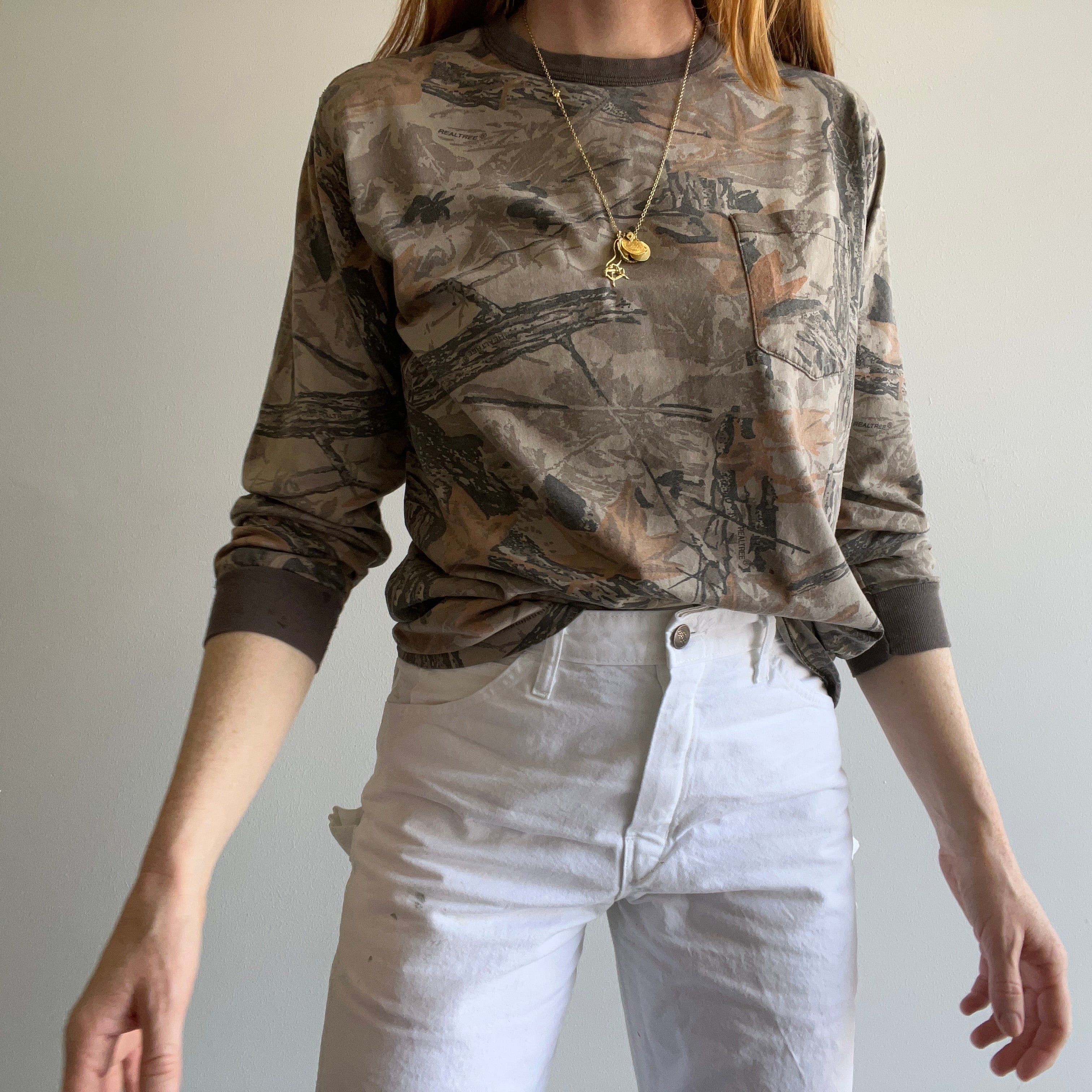 1990s Brown Tree Camo Long Sleeve Rolled Neck T-Shirt