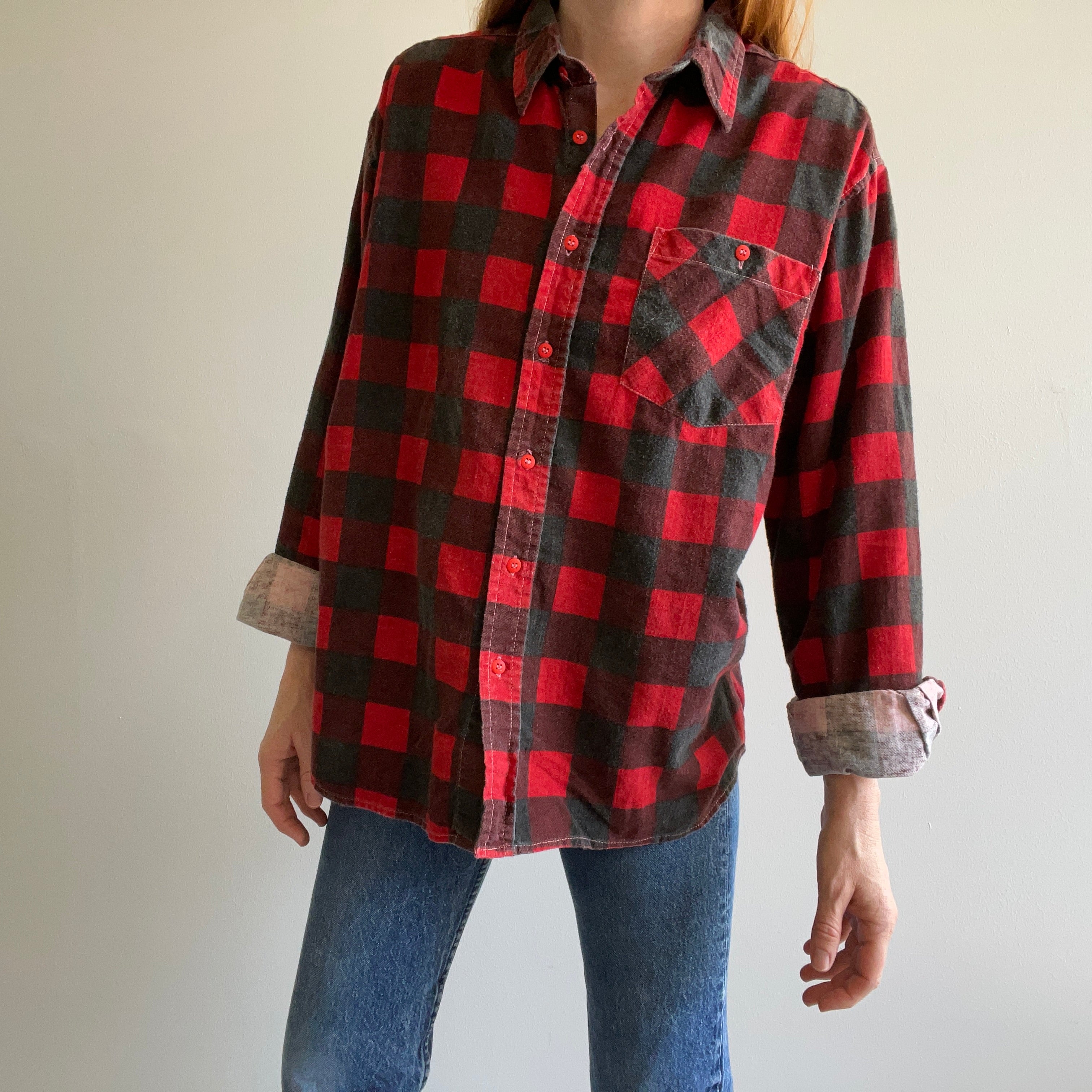 1980s Buffalo Plaid Lightweight Flannel - Cool Buttons!!