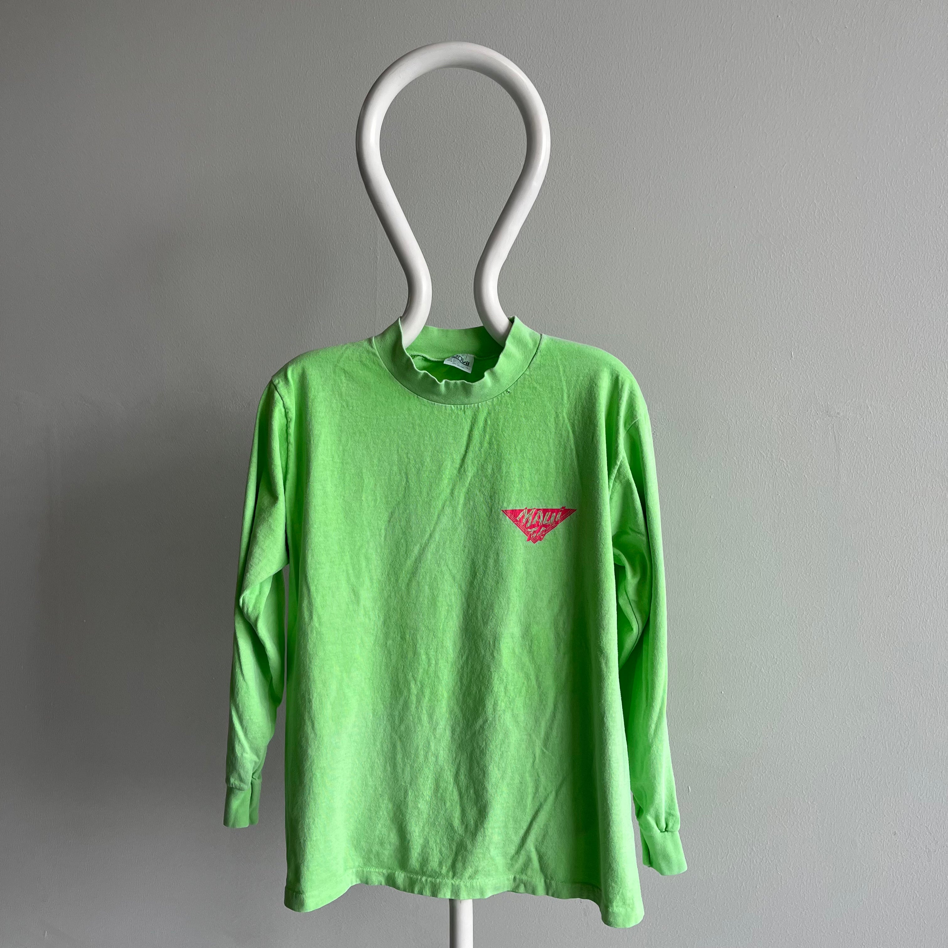 T-shirt en coton vert fluo à manches longues et col montant Maui des années 1980