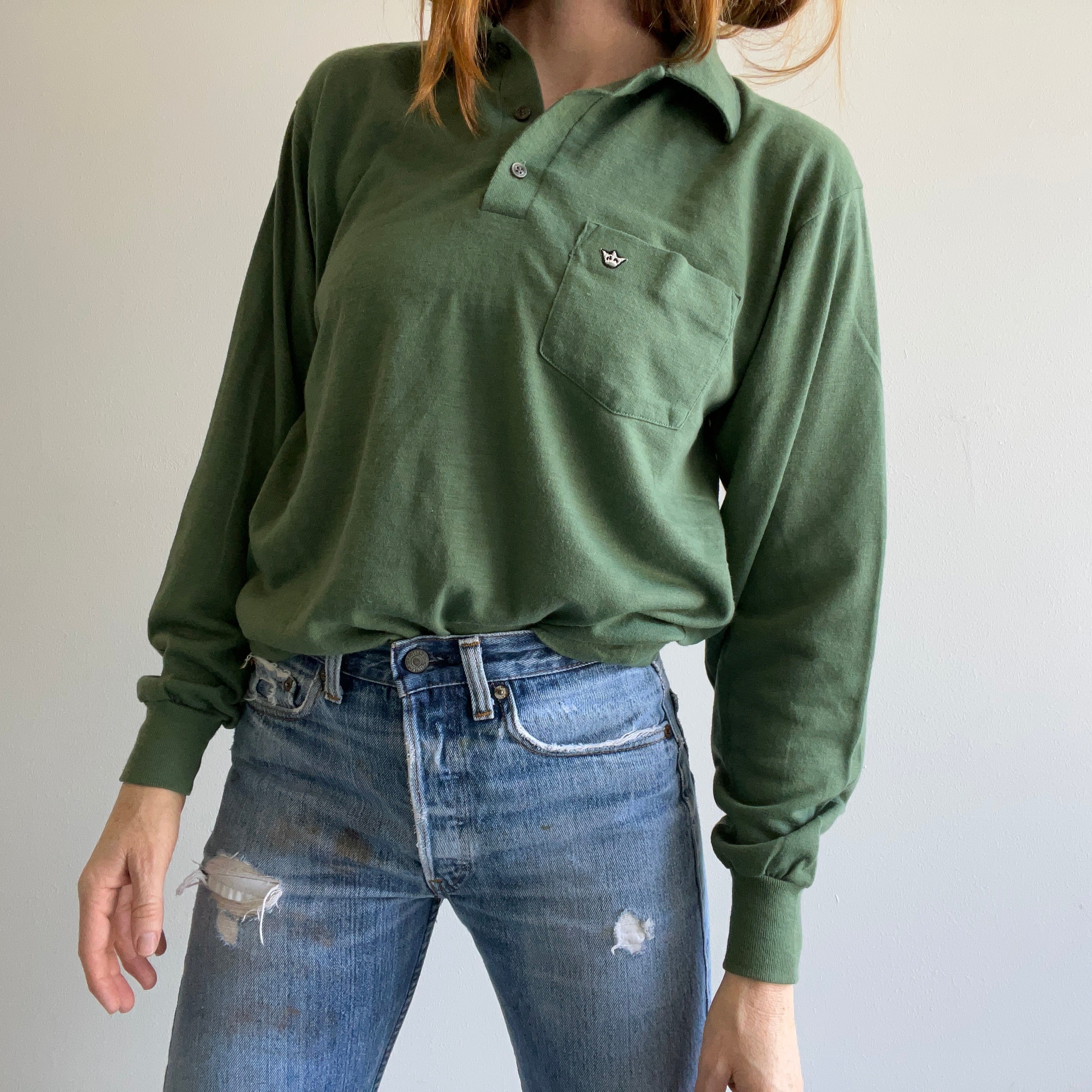 1970s Jade Green Soft Acrlyic Long Sleeve Polo Shirt