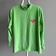 T-shirt en coton vert fluo à manches longues et col montant Maui des années 1980