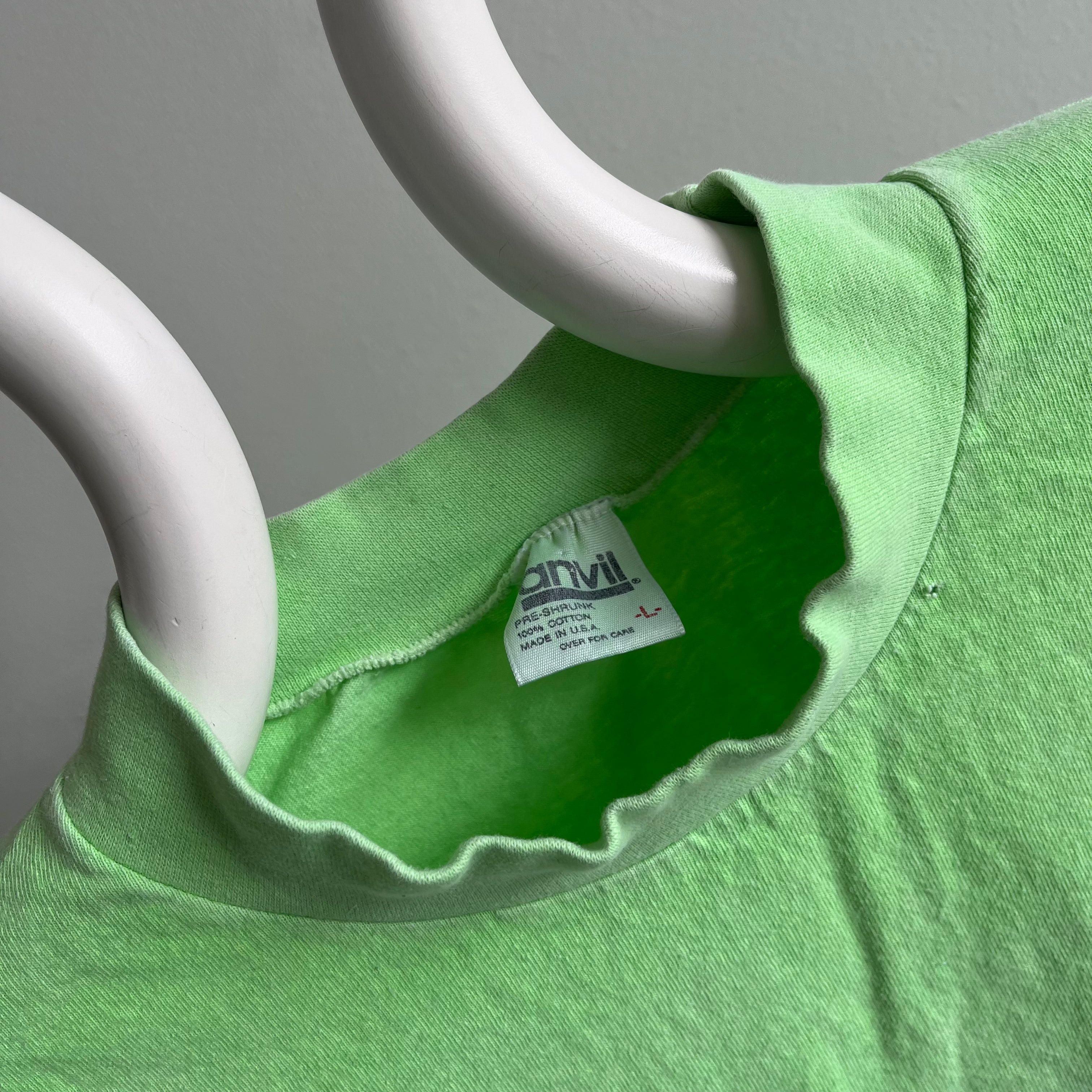 T-shirt en coton vert fluo à manches longues et col montant Maui des années 1980