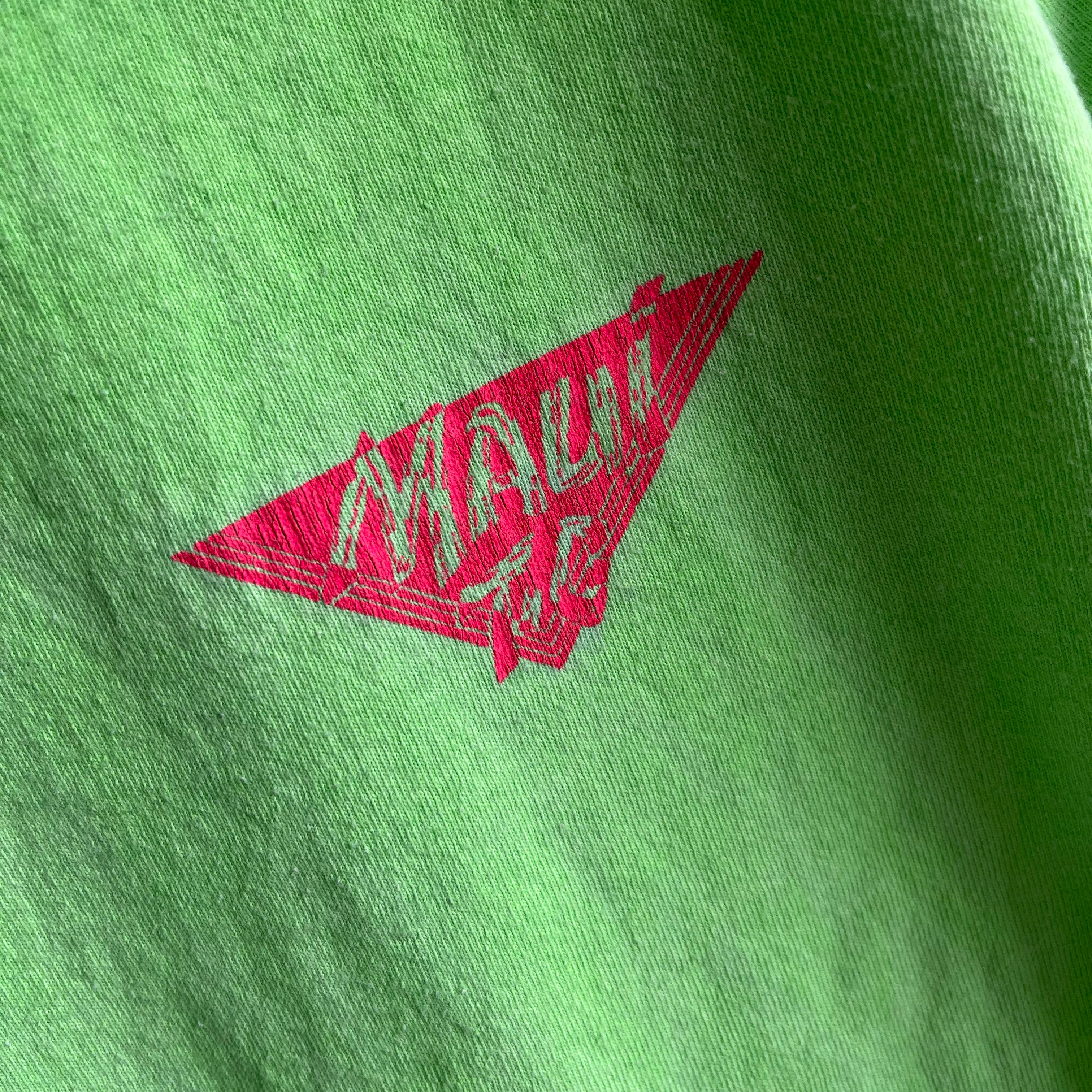 T-shirt en coton vert fluo à manches longues et col montant Maui des années 1980