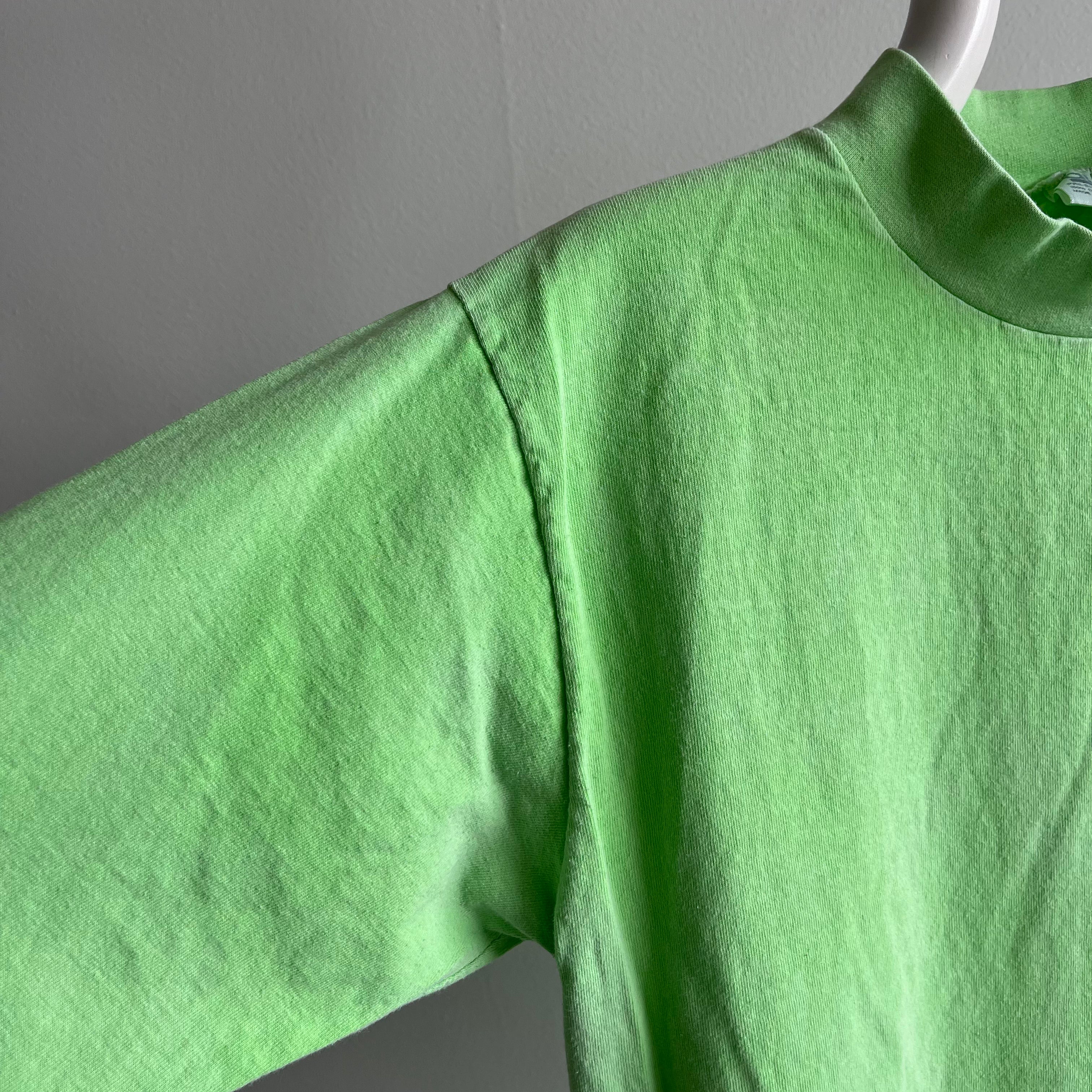 1980s Maui Mock Neck Long Sleeve Neon Green Cotton T-Shirt