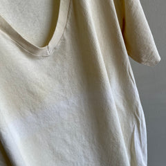 1980s Aged White/Ecru Cotton V-Neck T-Shirt