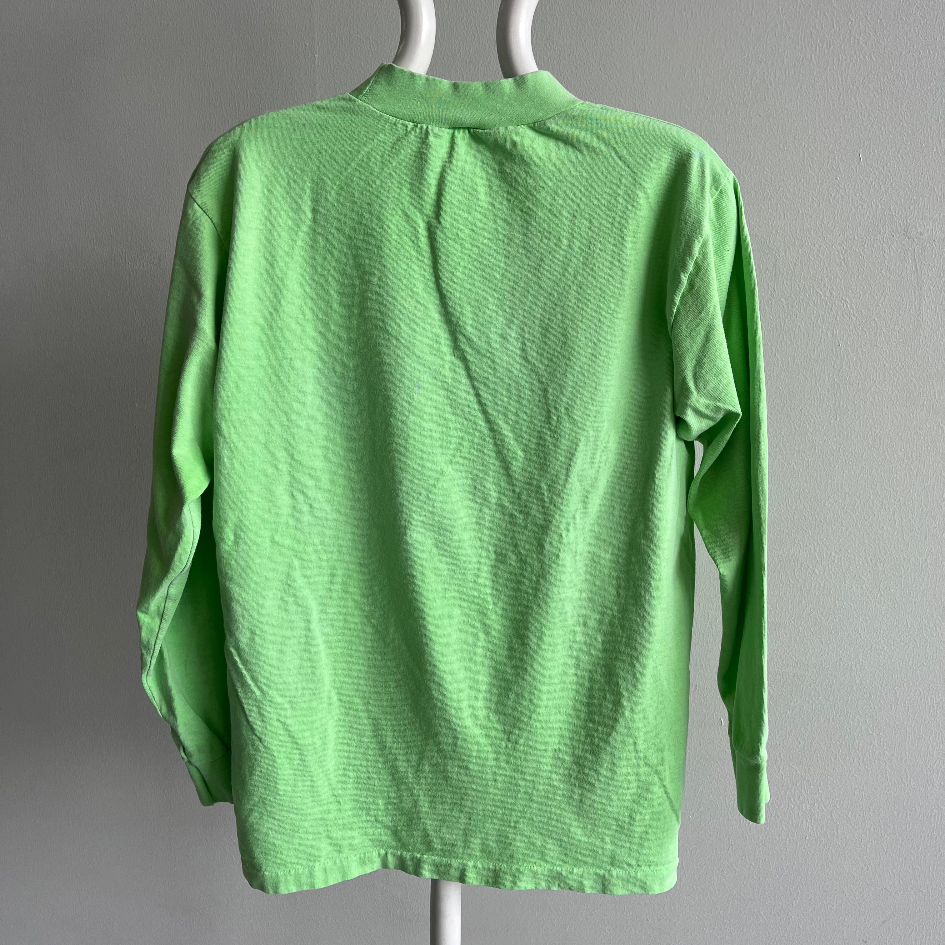 1980s Maui Mock Neck Long Sleeve Neon Green Cotton T-Shirt