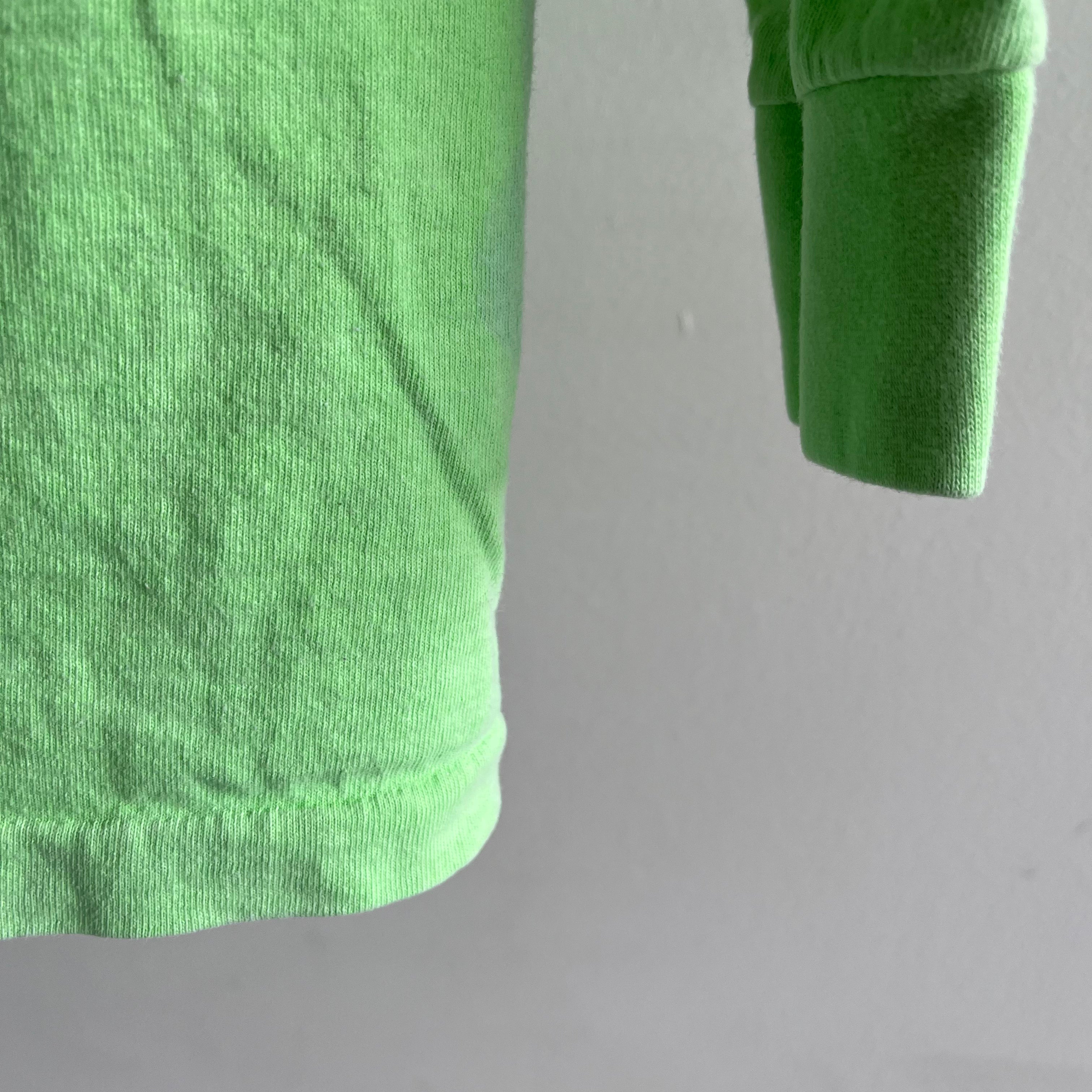 1980s Maui Mock Neck Long Sleeve Neon Green Cotton T-Shirt