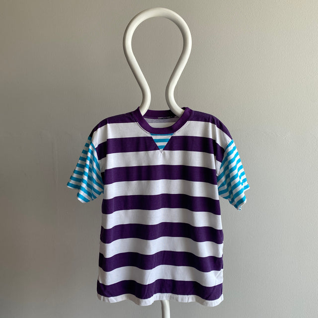 1990s Fun Color Block Striped Boxy T-Shirt with a Single Gusset