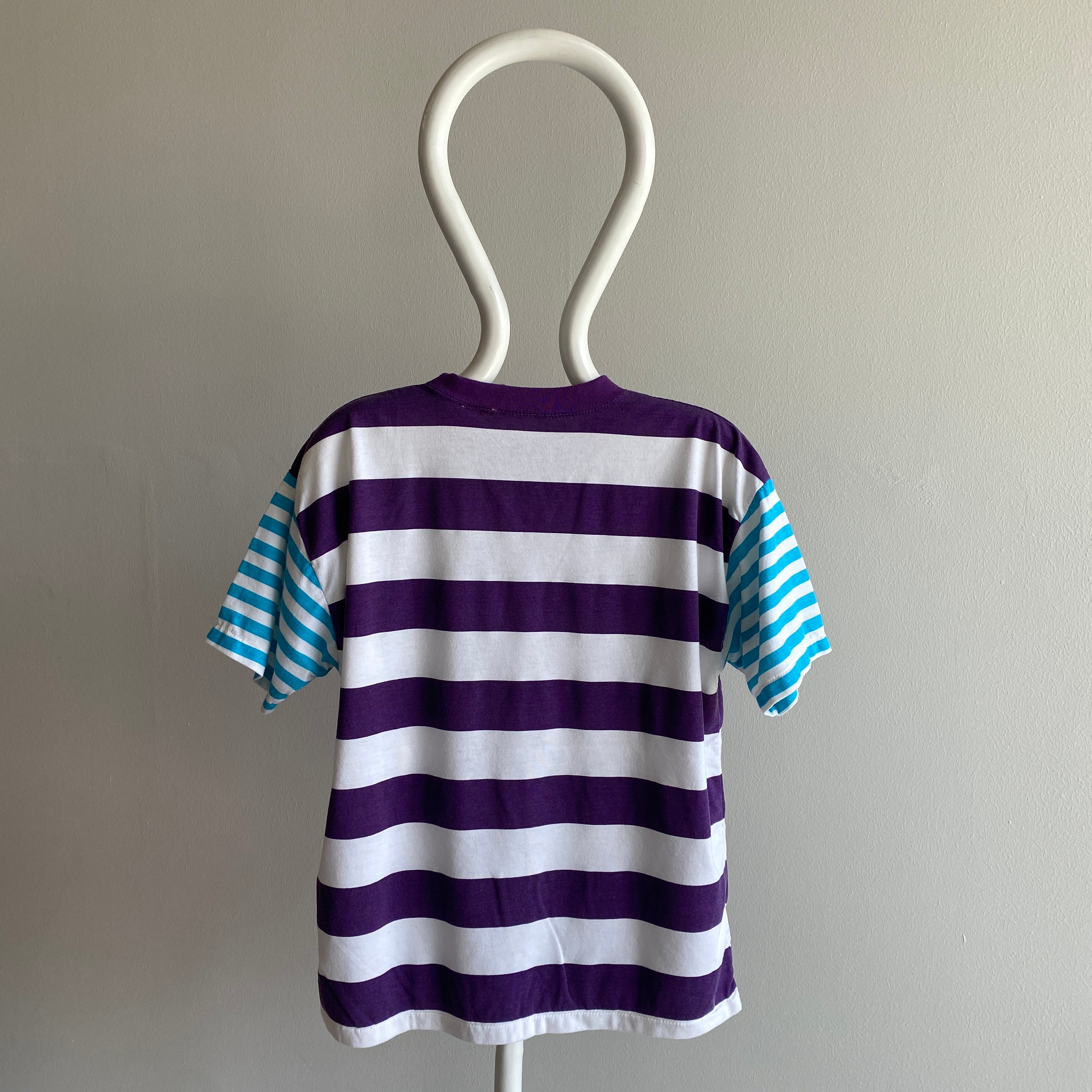 1990s Fun Color Block Striped Boxy T-Shirt with a Single Gusset