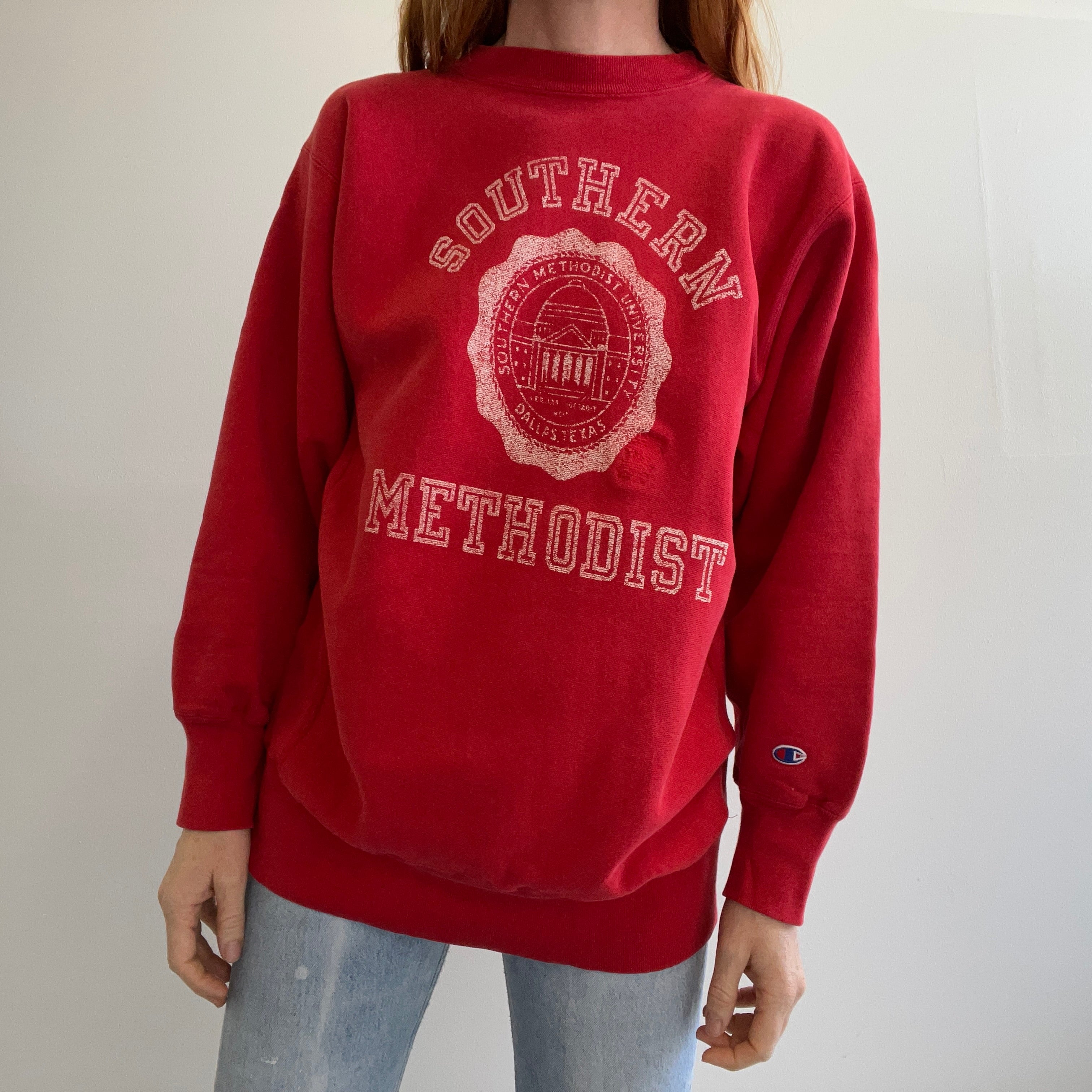 1980s Champion Brand Souther Methodist Reverse Weave EPIC Heavyweight Sweatshirt w Mending - YES!!!
