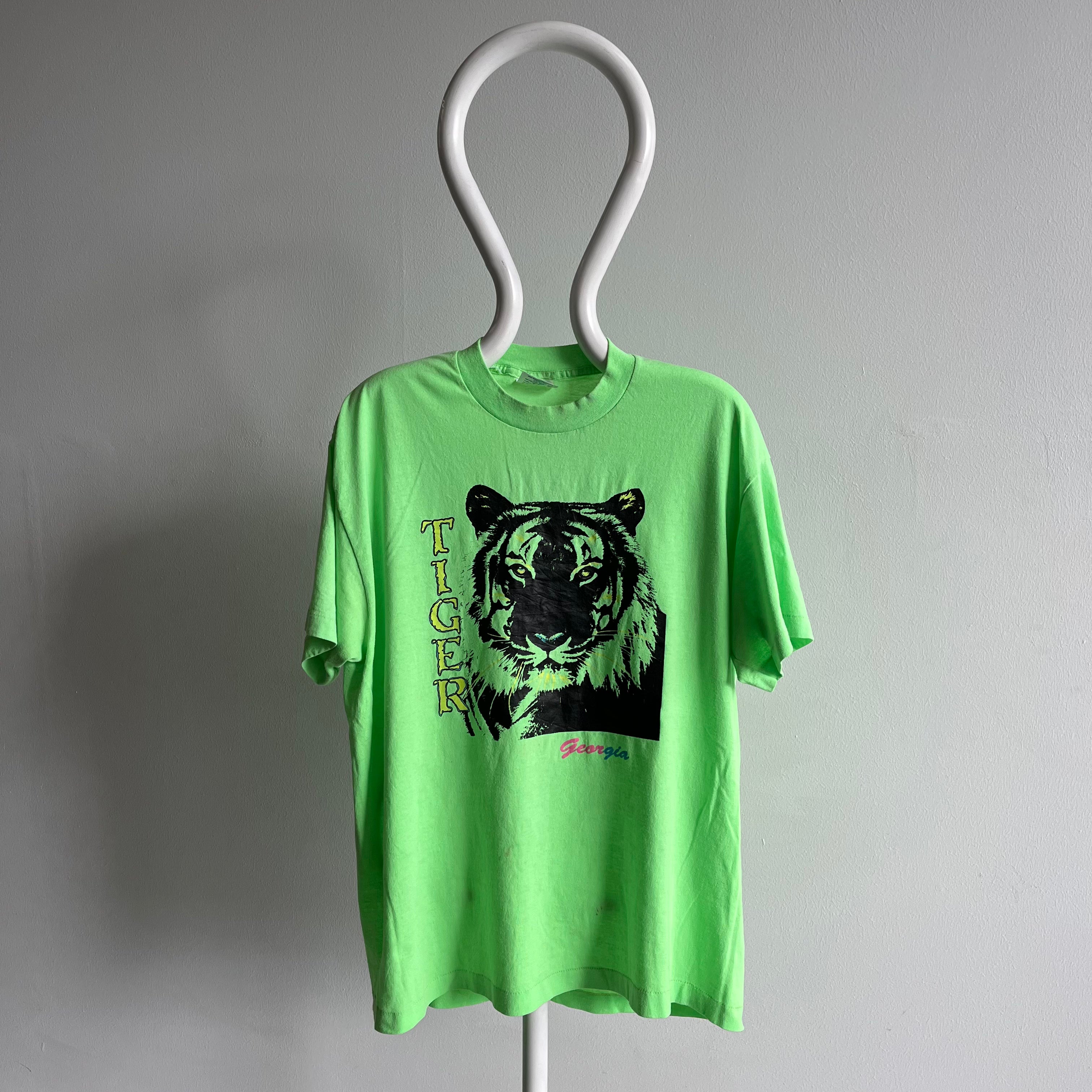 T-shirt Georgia Tiger Tourist des années 1980/90 en vert fluo