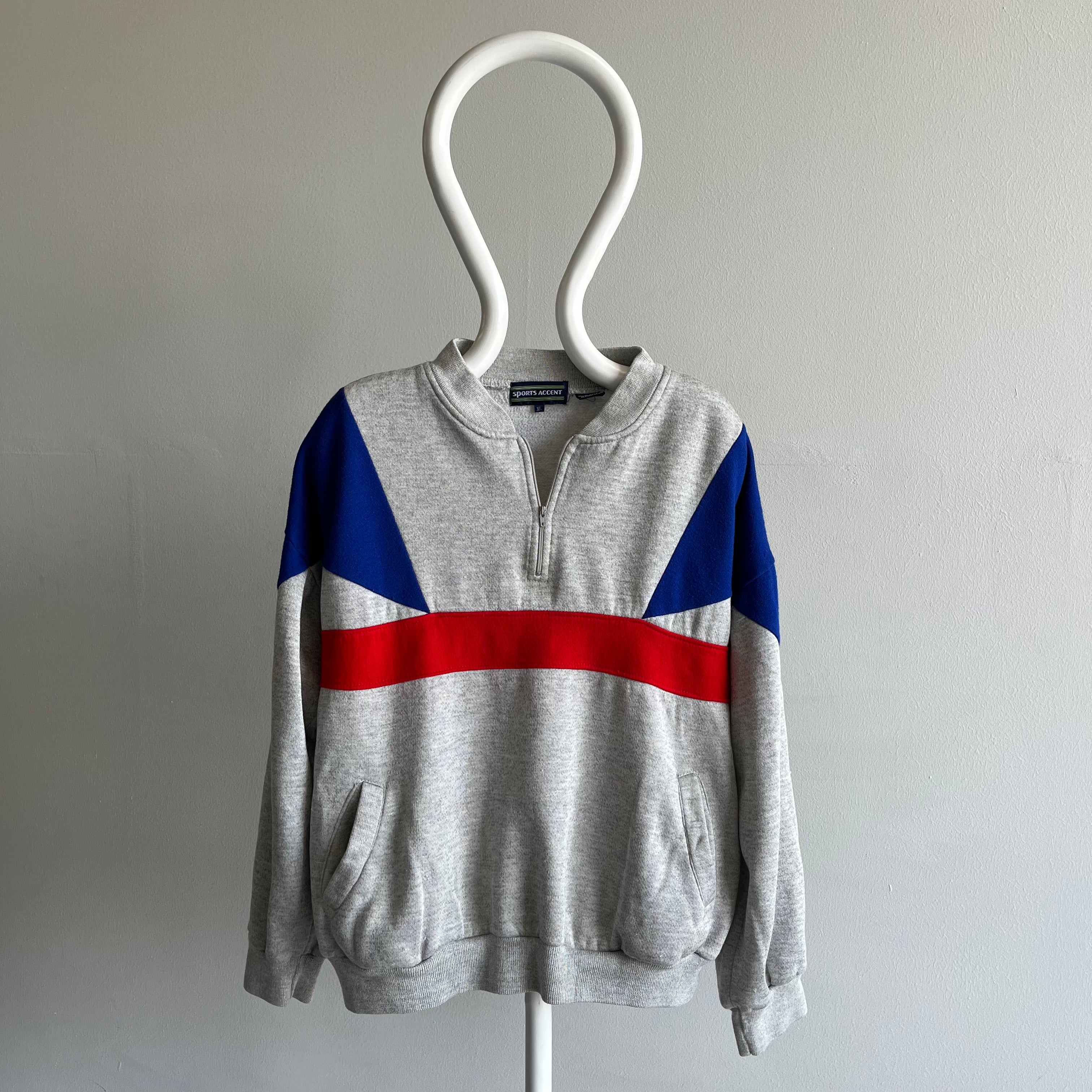 1980s Color Block 1/4 Zip with Pockets Sweatshirt