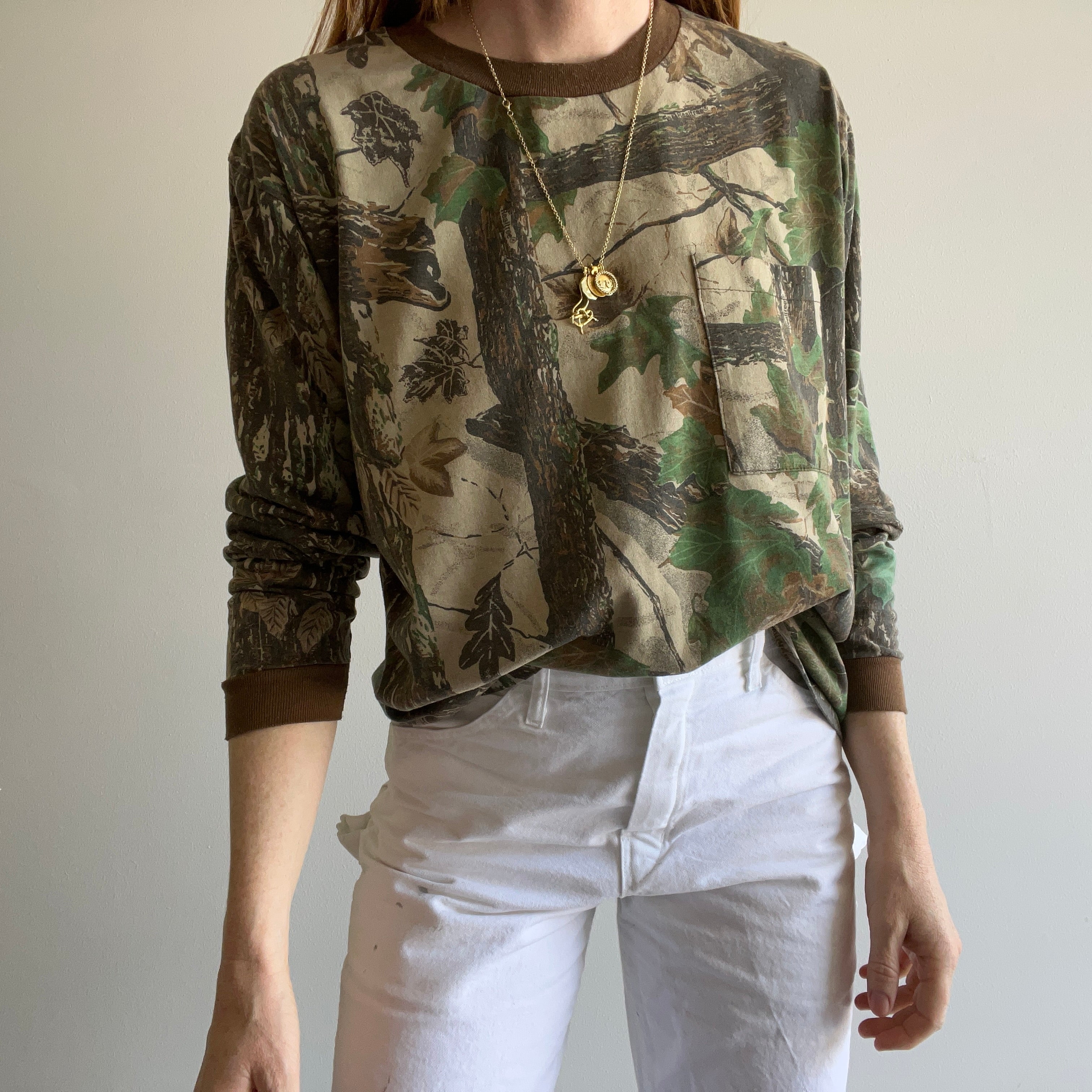 1980/90s Hunting Camo Long Sleeve T-Shirt with Contrast Collar