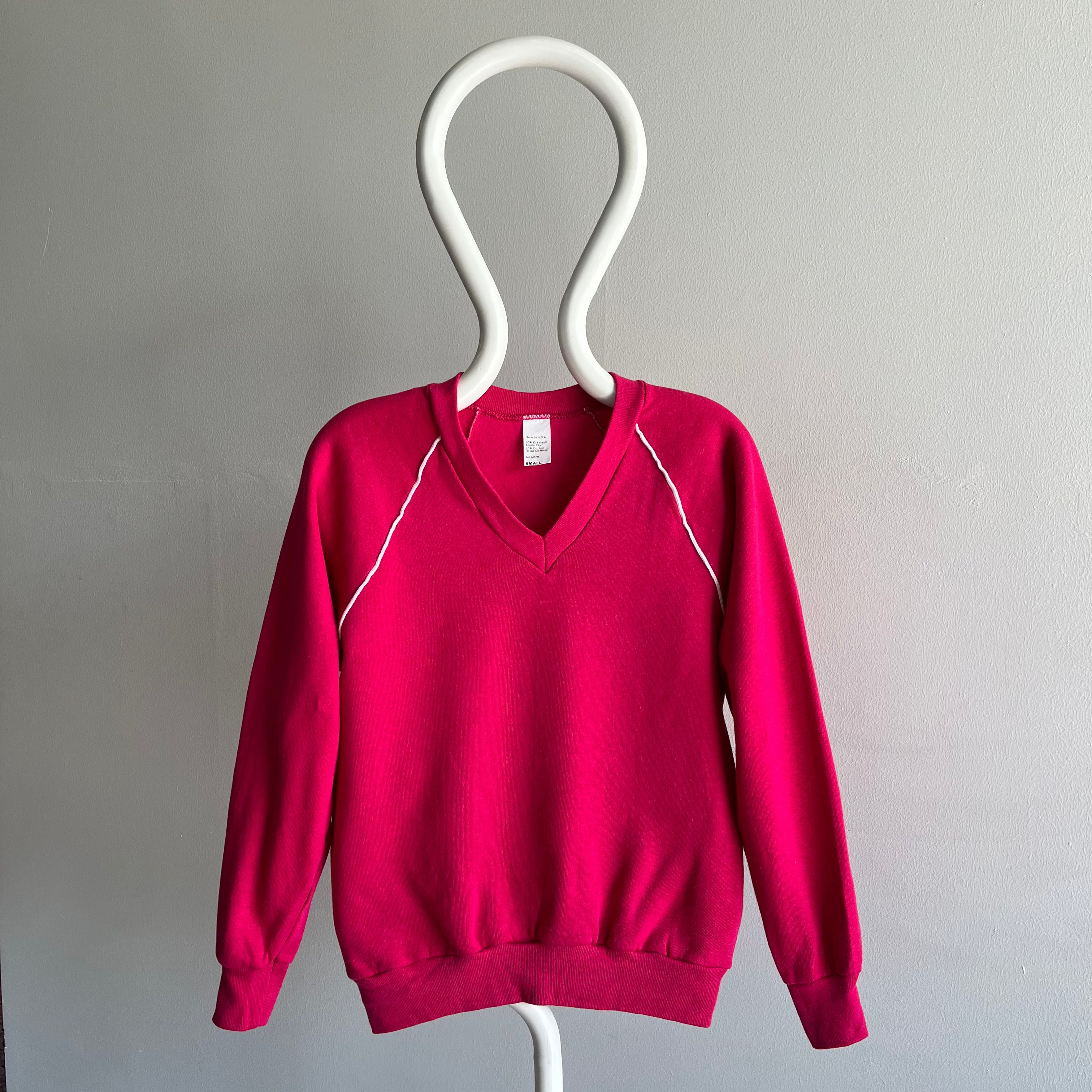 1980s Never Worn (Except this Pic) Hot Pink V-Neck Smaller Sweatshirt