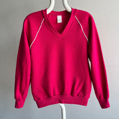 1980s Never Worn (Except this Pic) Hot Pink V-Neck Smaller Sweatshirt