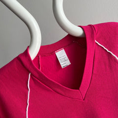 1980s Never Worn (Except this Pic) Hot Pink V-Neck Smaller Sweatshirt