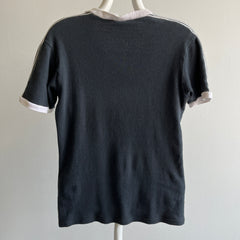 1970 V-Neck Faded Black Ring T-SHirt with Side Sleeve Stripes