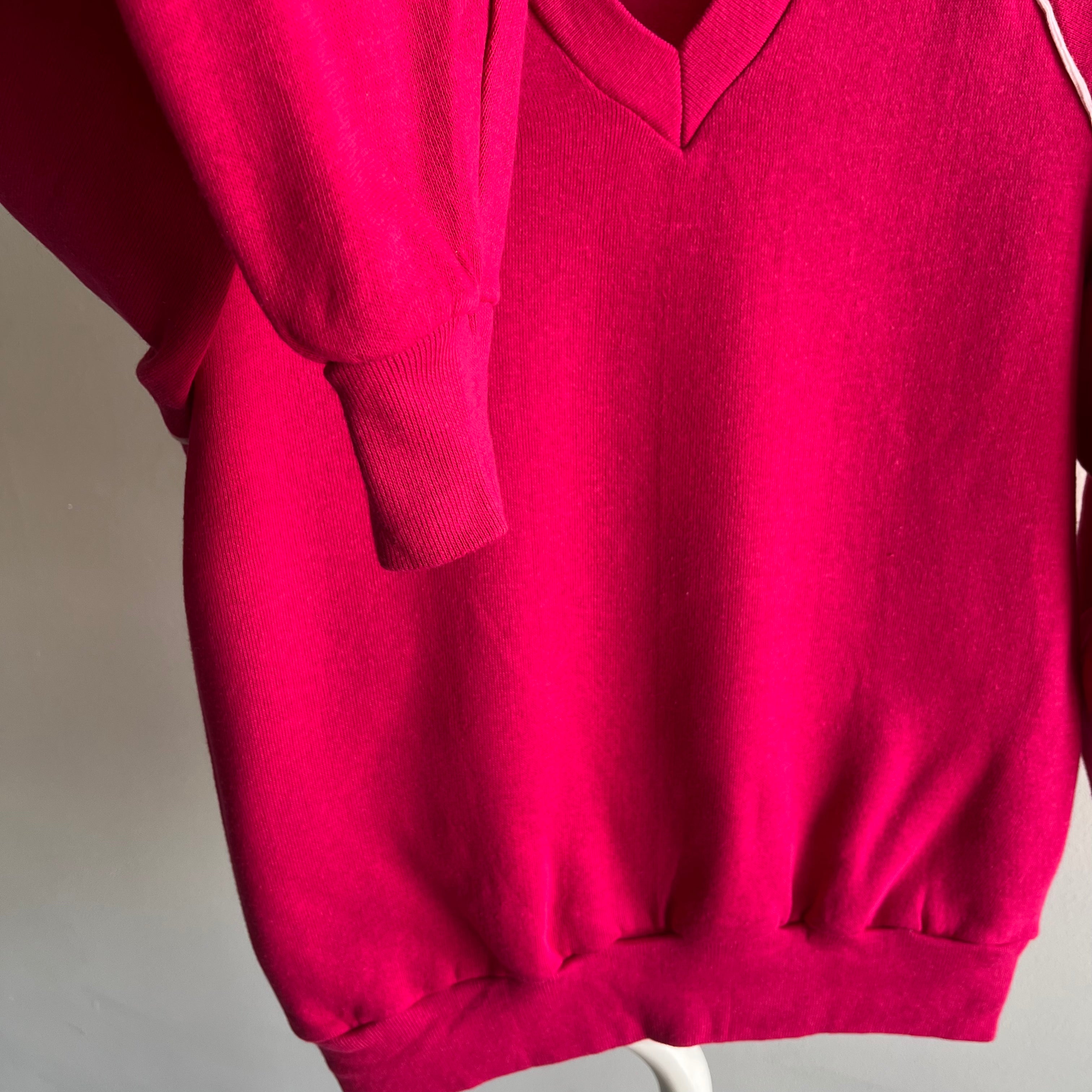 1980s Never Worn (Except this Pic) Hot Pink V-Neck Smaller Sweatshirt