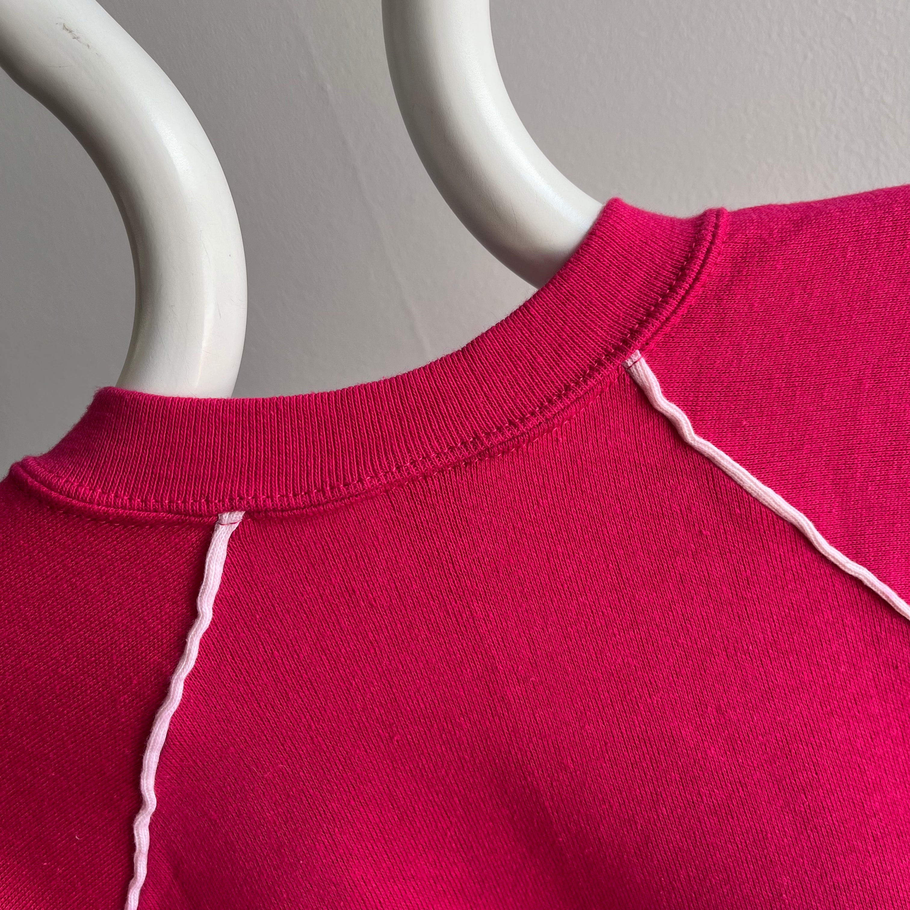 1980s Never Worn (Except this Pic) Hot Pink V-Neck Smaller Sweatshirt