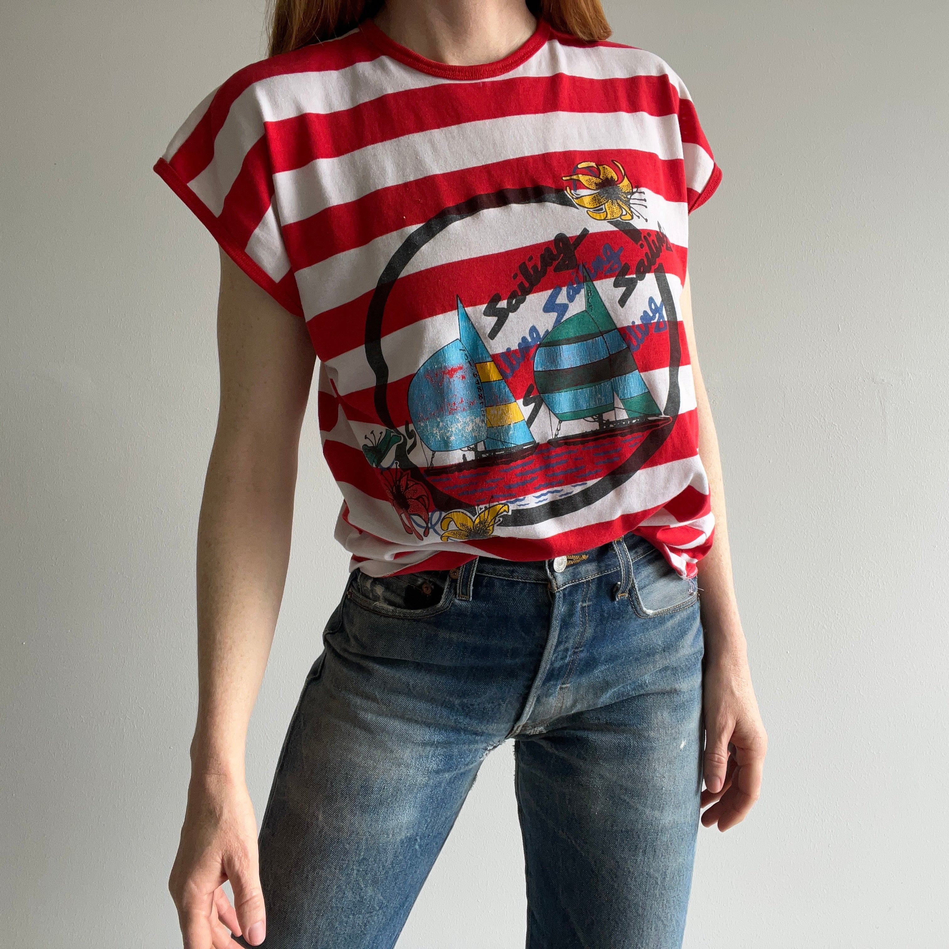 1980s Sailing Sailing Sailing Striped Muscle T-Shirt