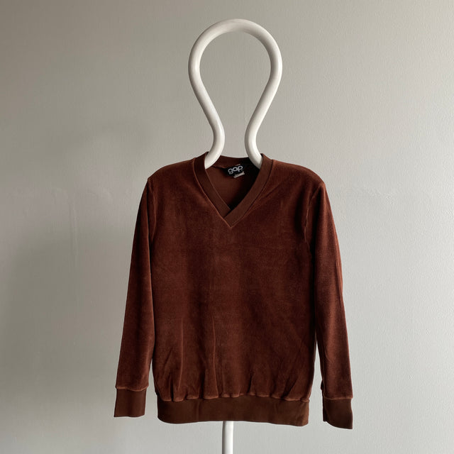 Sweat-shirt Gap "Velvet" à col en V marron chocolat des années 1970 - YESSSSS