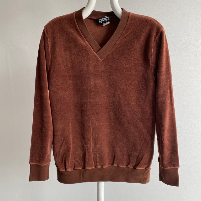 Sweat-shirt Gap "Velvet" à col en V marron chocolat des années 1970 - YESSSSS