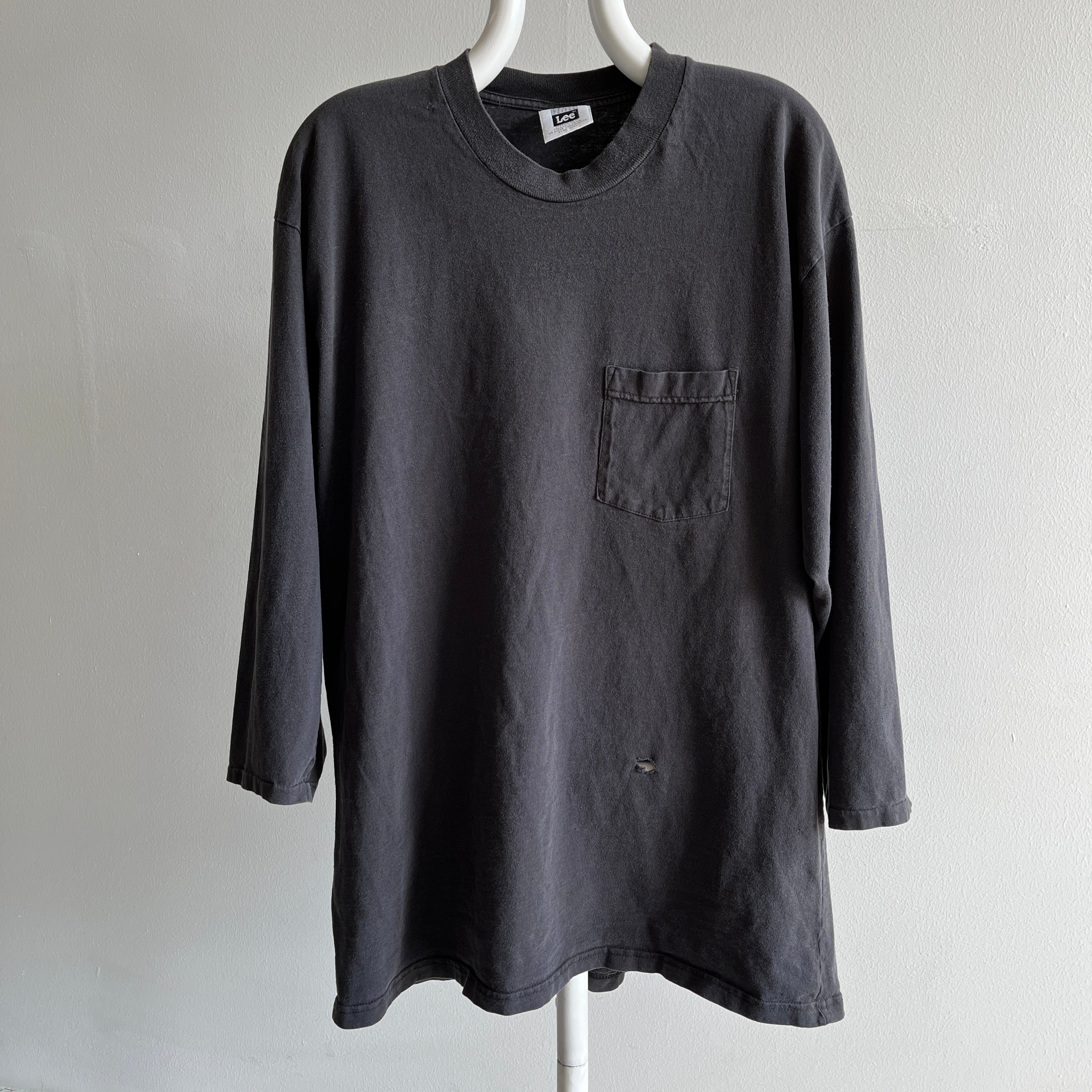 1990s Lee Brand DIY 3/4 Sleeve Faded Black Pocket T-Shirt