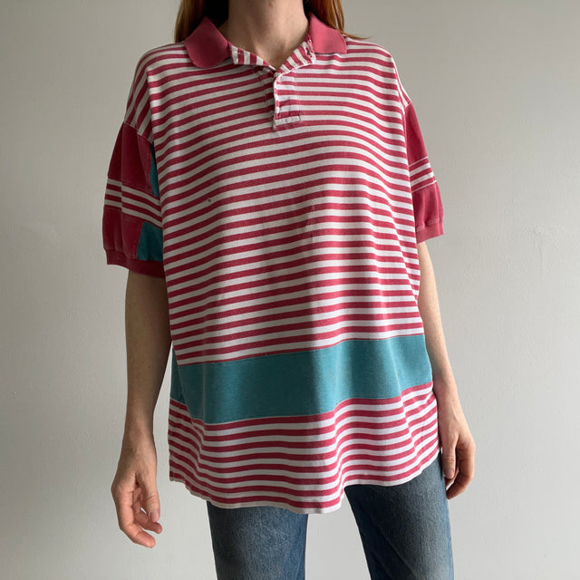 1990/2000s Striped Color Block Faded and Worn Cotton Polo Shirt