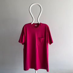 1980s Hot Magenta Pink FOTL Cotton Selvedge Pocket T-Shirt - Long