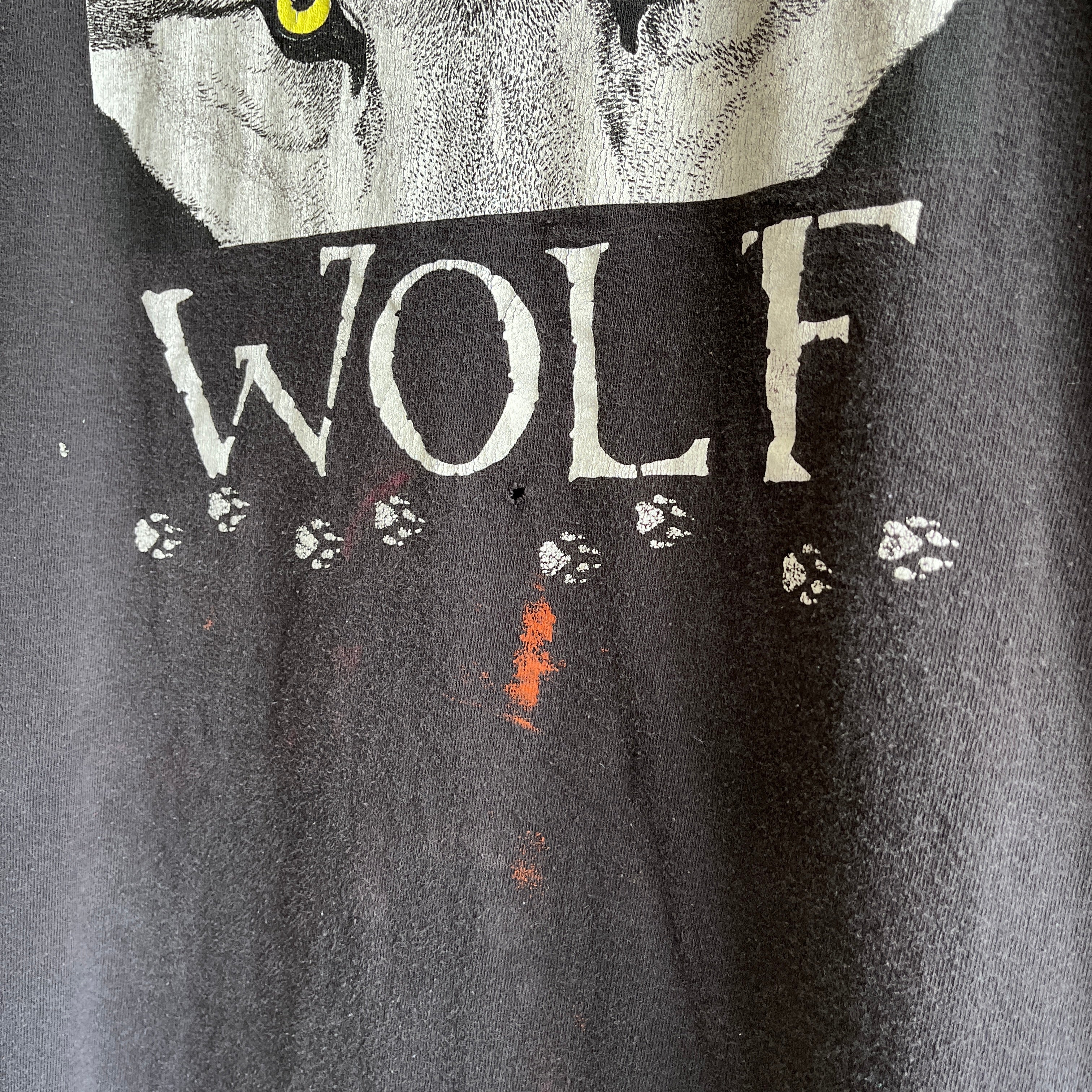 T-shirt loup du Nouveau-Mexique des années 1990 avec des taches de peinture