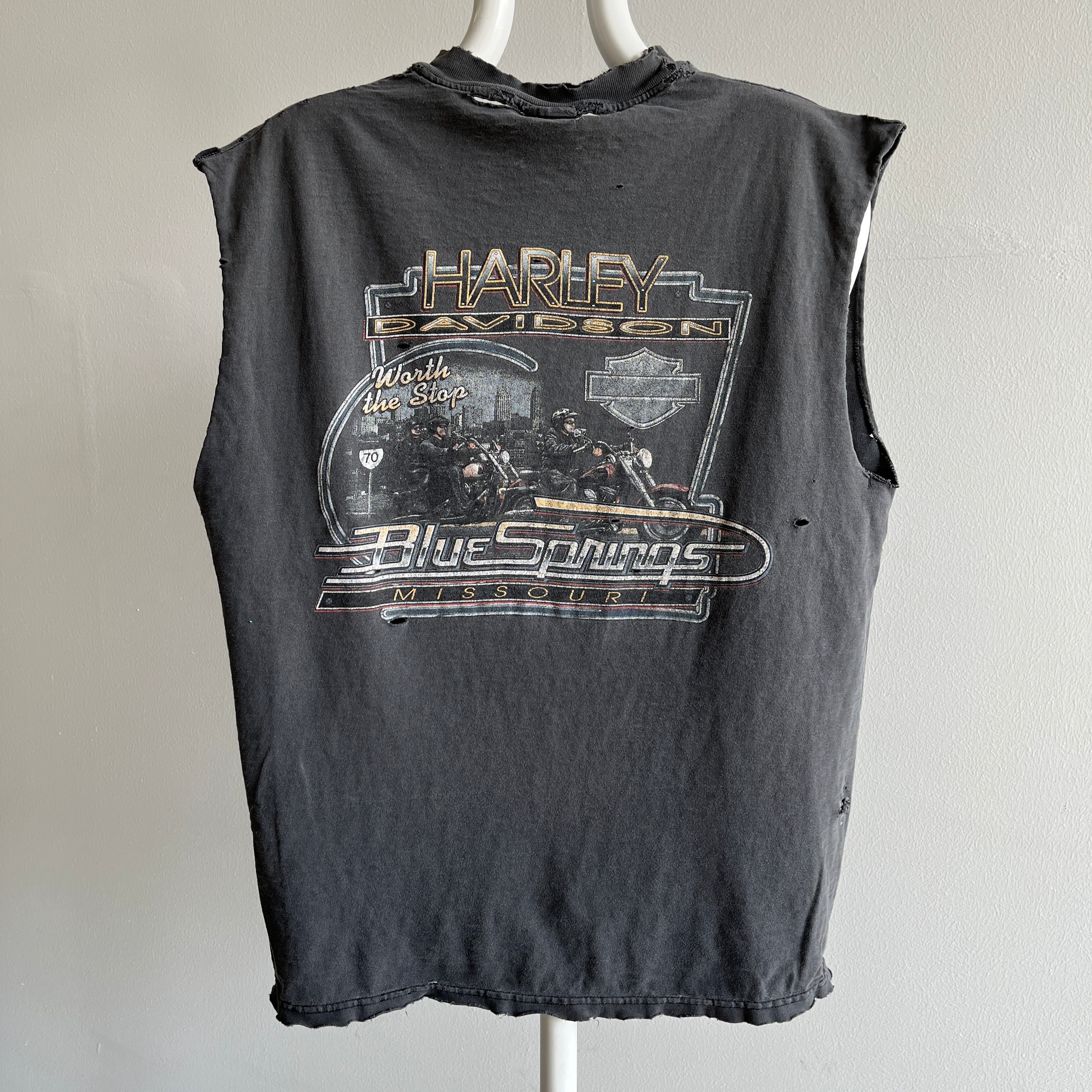 Débardeur de poche Harley Muscle des années 1990 de qualité F - Blue Springs, Missouri - Détruit