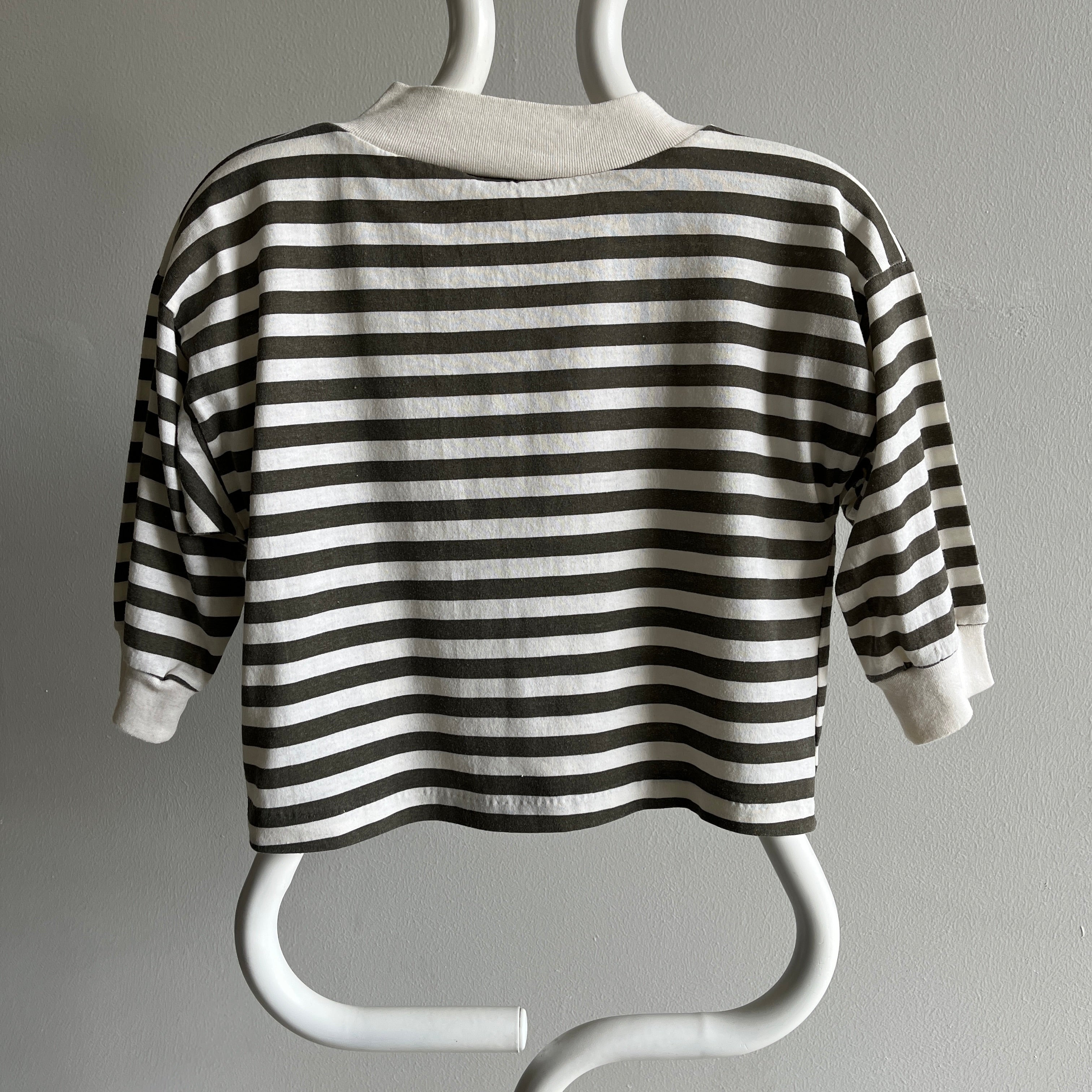 1980s Striped 1/2 Sleeve Mock Neck Crop