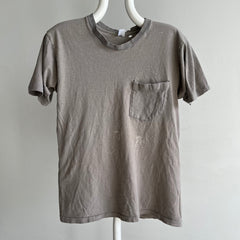 1980s Perfectly Beat Up Solid Gray Cotton Pocket T-Shirt !!!