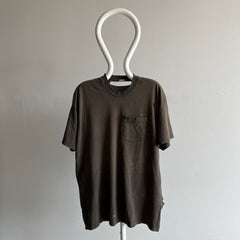 T-shirt de poche noir délavé vierge des années 1990 de grade F - point unique