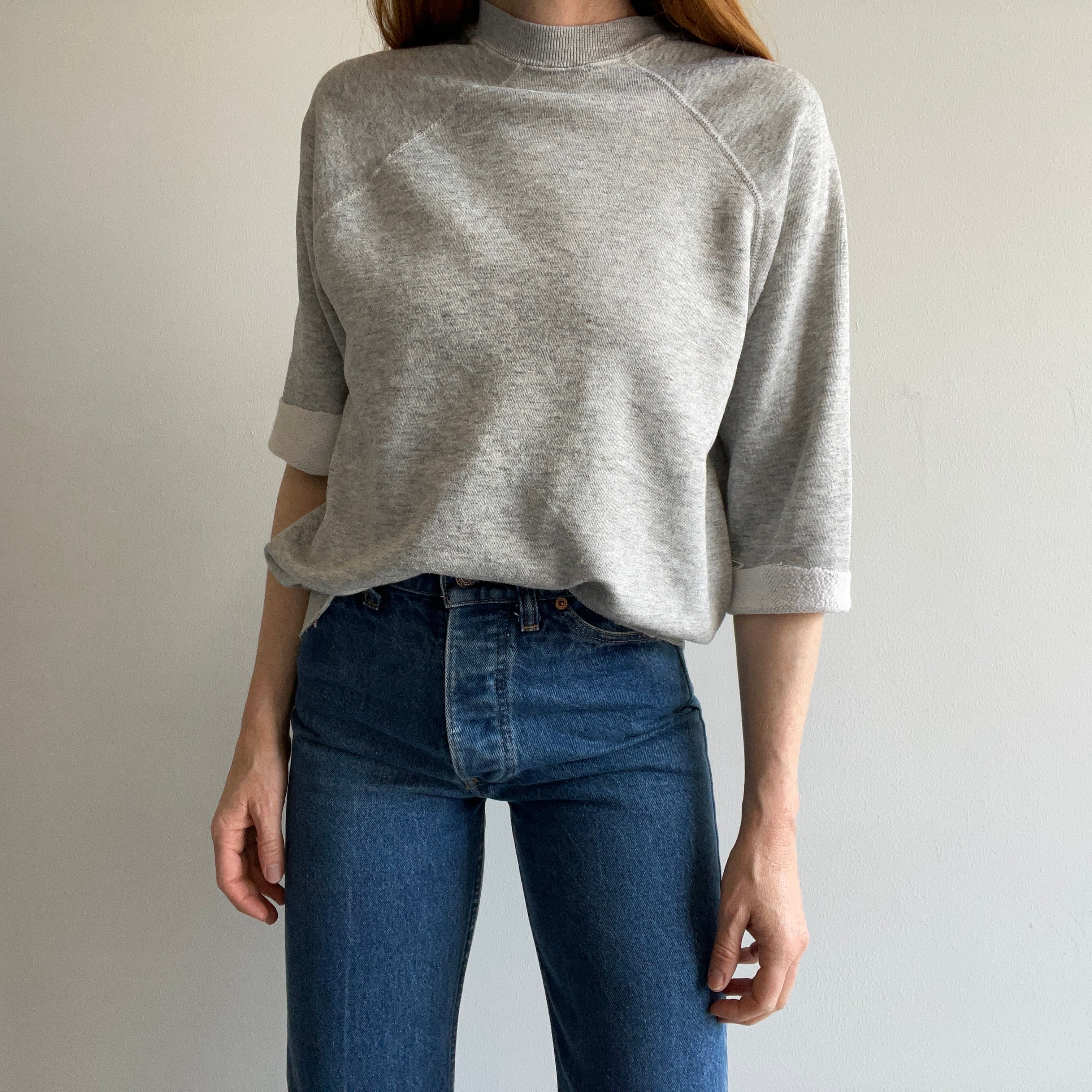 1980s Cut Sleeve Super Thin Gray Sweatshirt