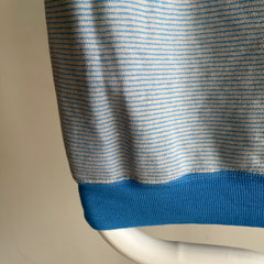 1970s Blue and Gray Striped Mock Neck Short Sleeve Warm Up - Oh My!