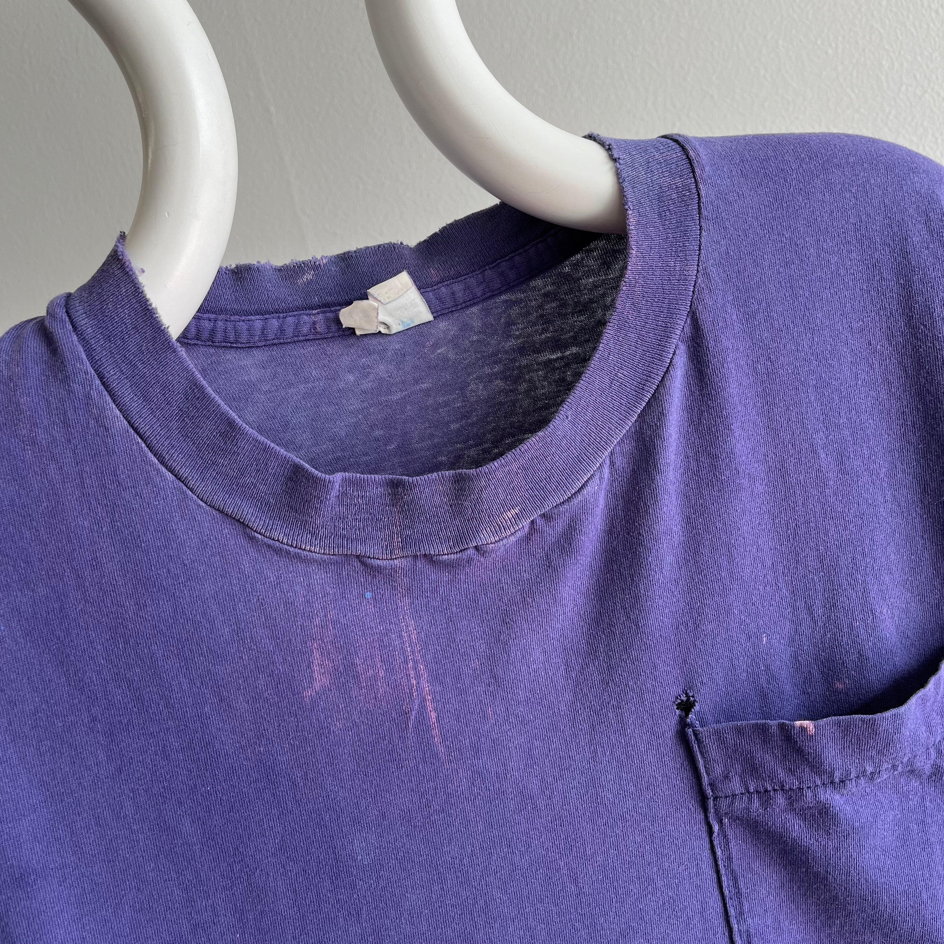 1980s Perfectly Worn and Bleach Stained Purple Single Stitch Selvedge Pocket T-Shirt