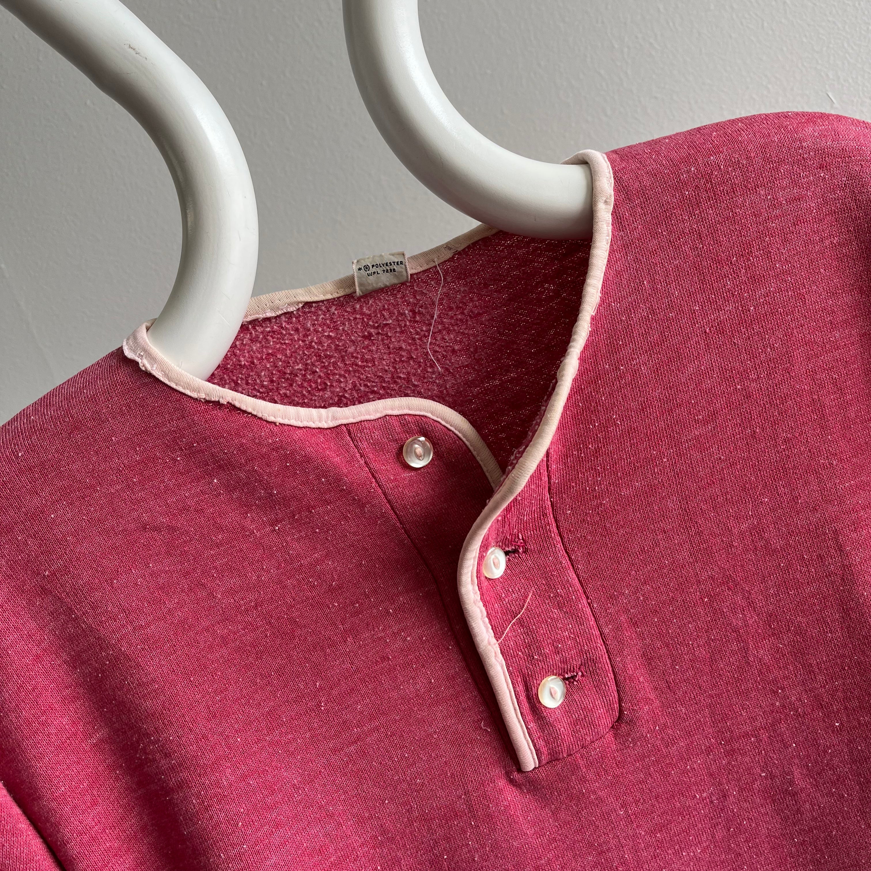 1960s Mended Baseball Henley Warm Up Short Sleeve Sweatshirt - WOW