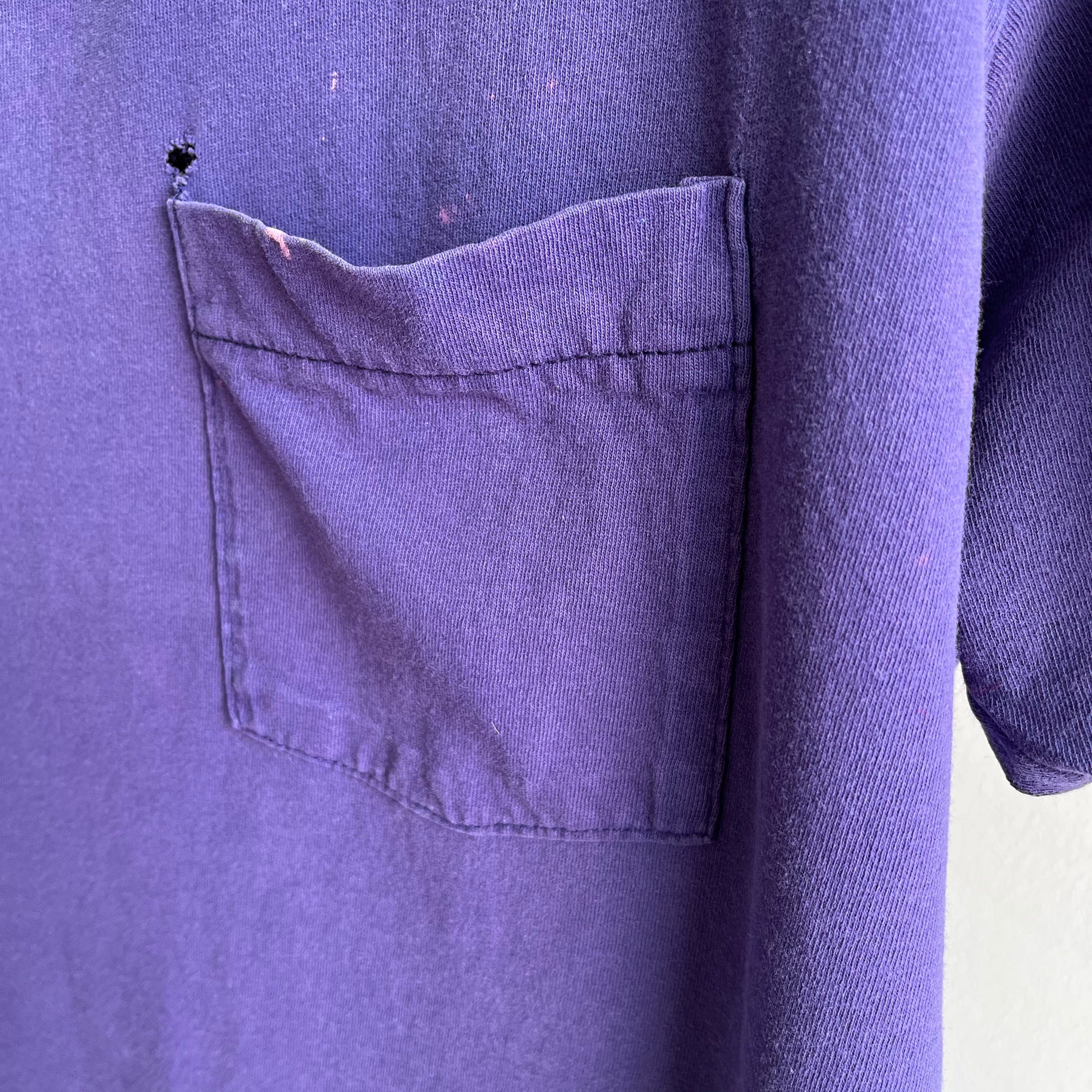 1980s Perfectly Worn and Bleach Stained Purple Single Stitch Selvedge Pocket T-Shirt
