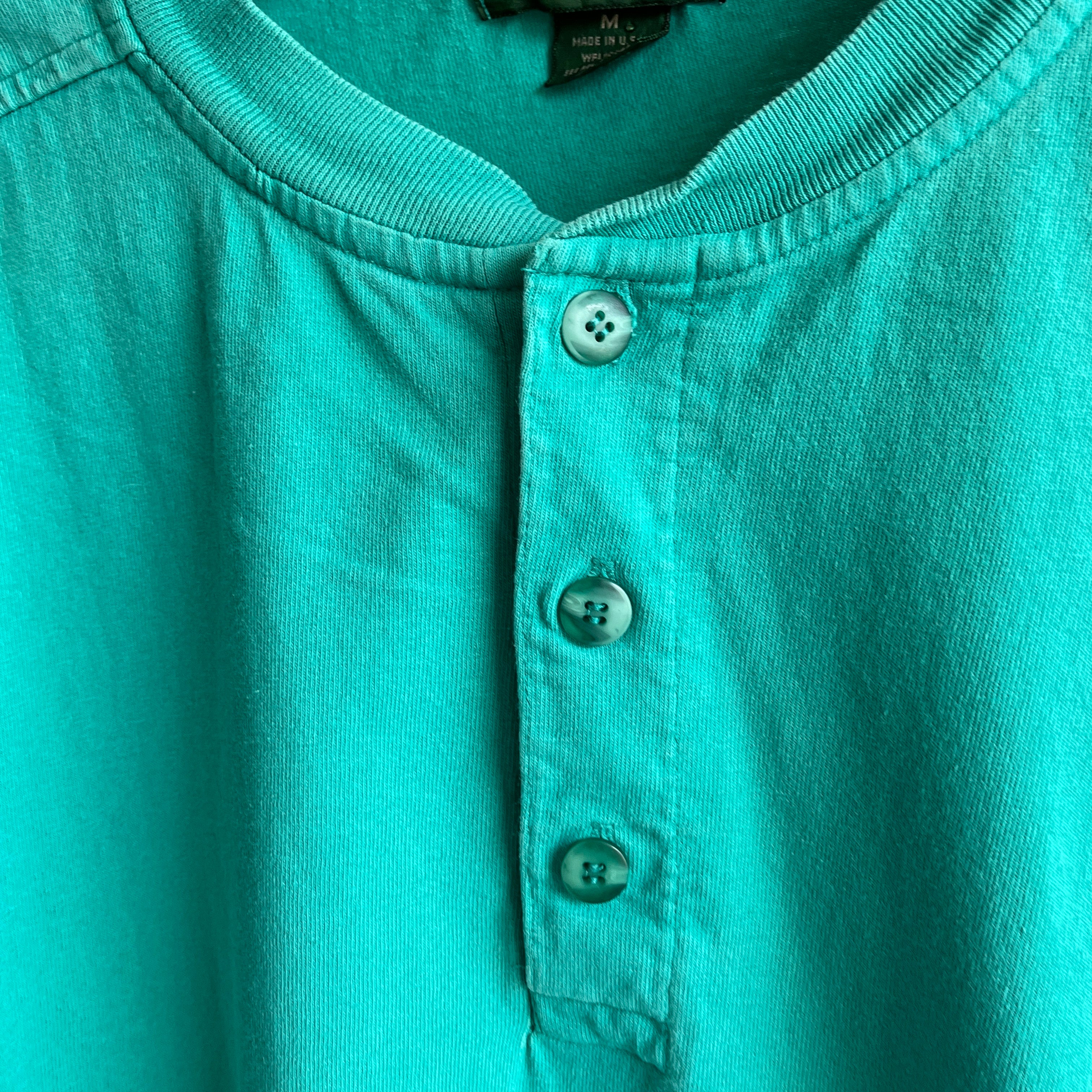 1990s USA Made Long Teal Henley T-Shirt