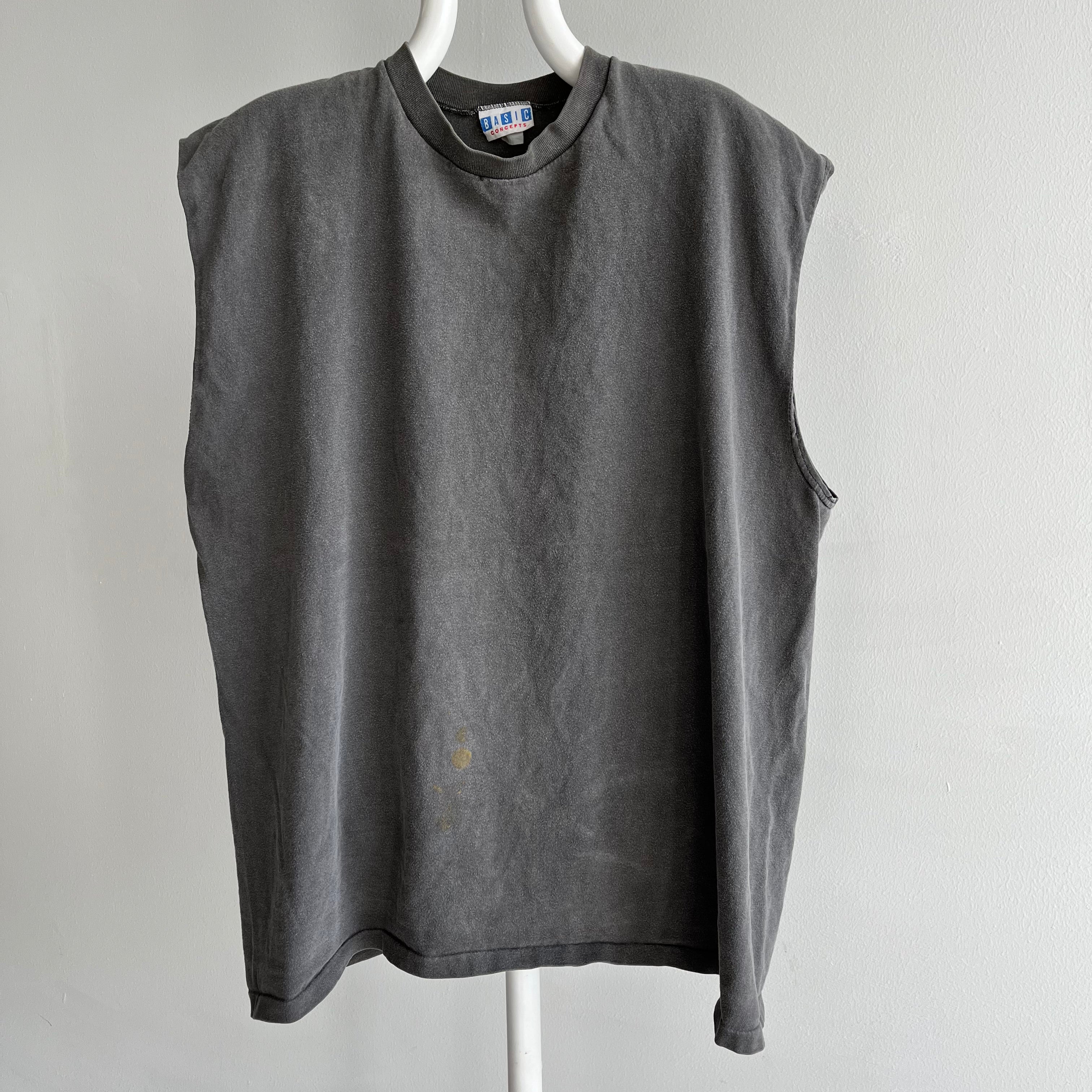 Débardeur surdimensionné bricolage en coton noir à gris extrêmement délavé des années 1980